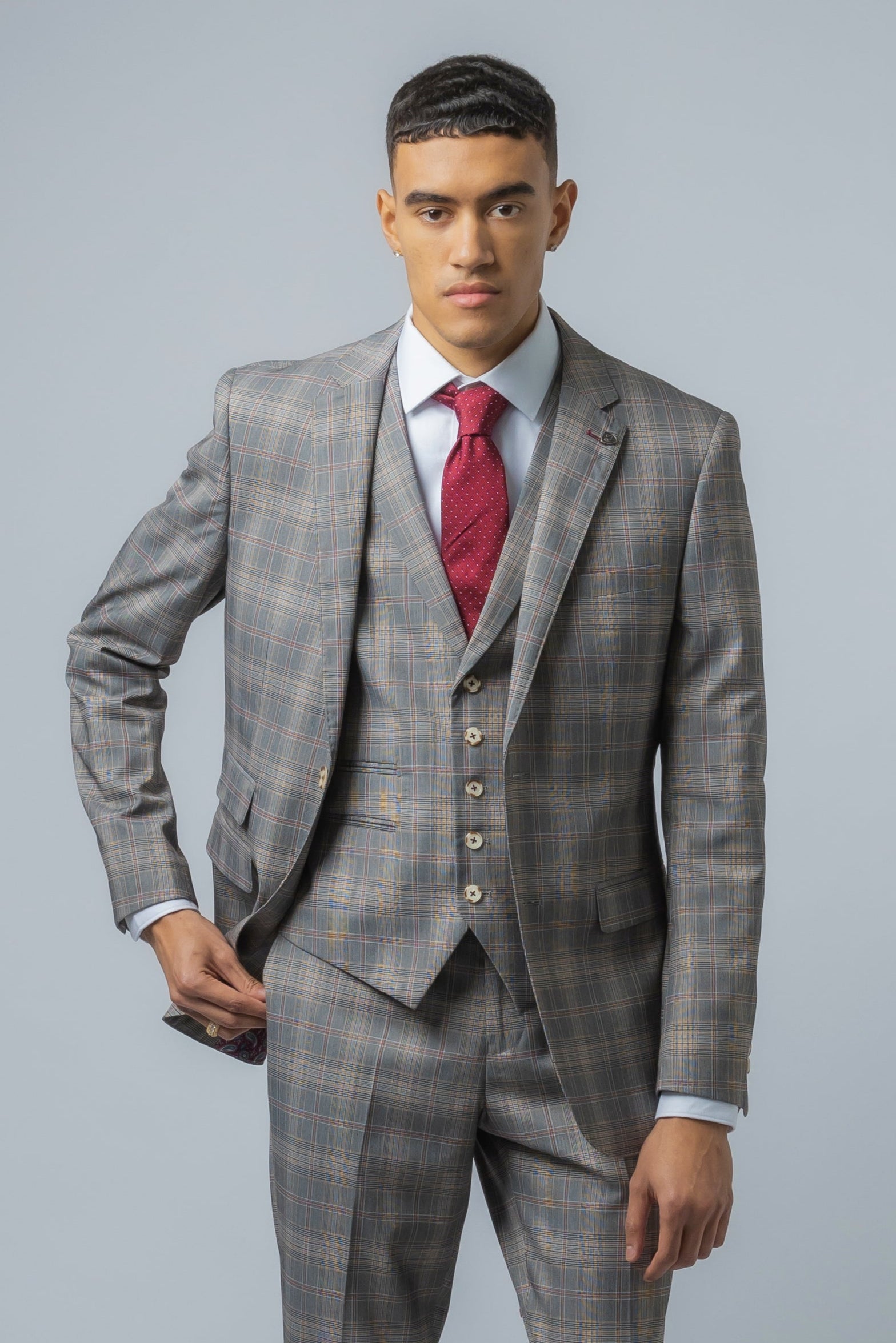 Men's Retro Check Slim Fit Grey Suit - JULIAN - Light Grey