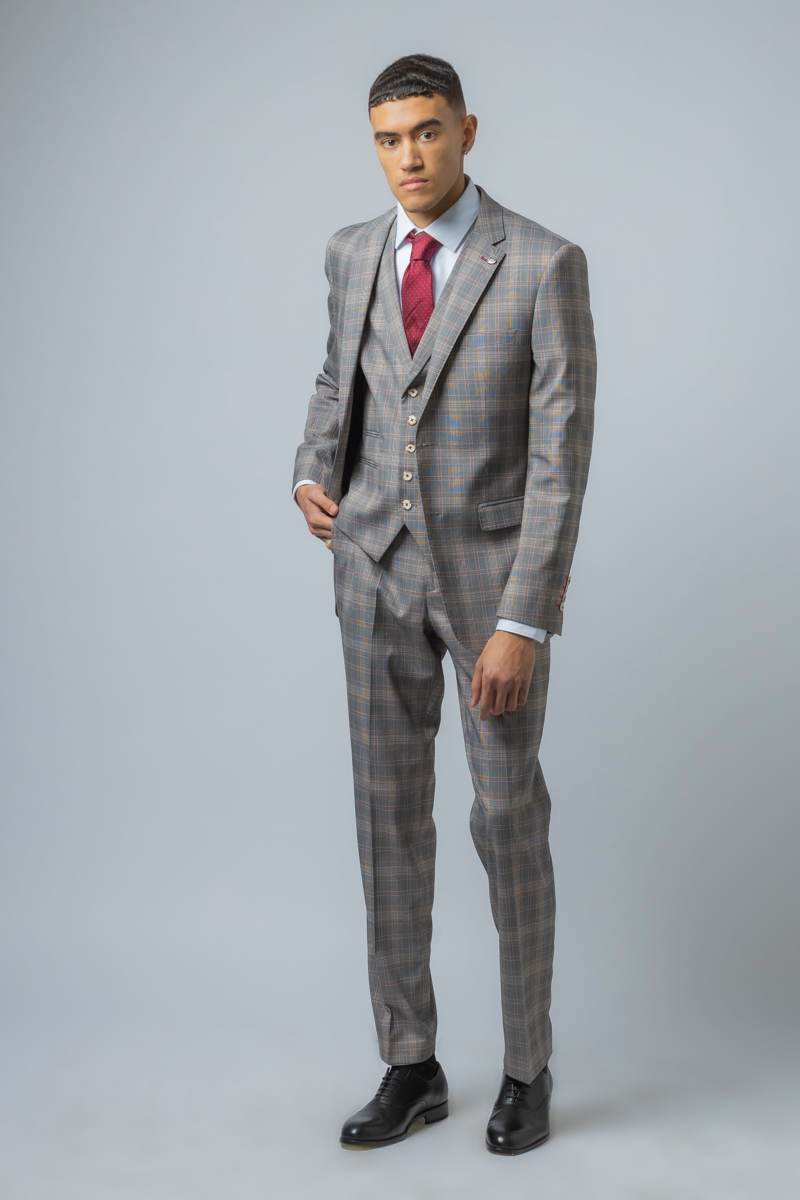 Men's Retro Check Slim Fit Grey Suit - JULIAN - Light Grey