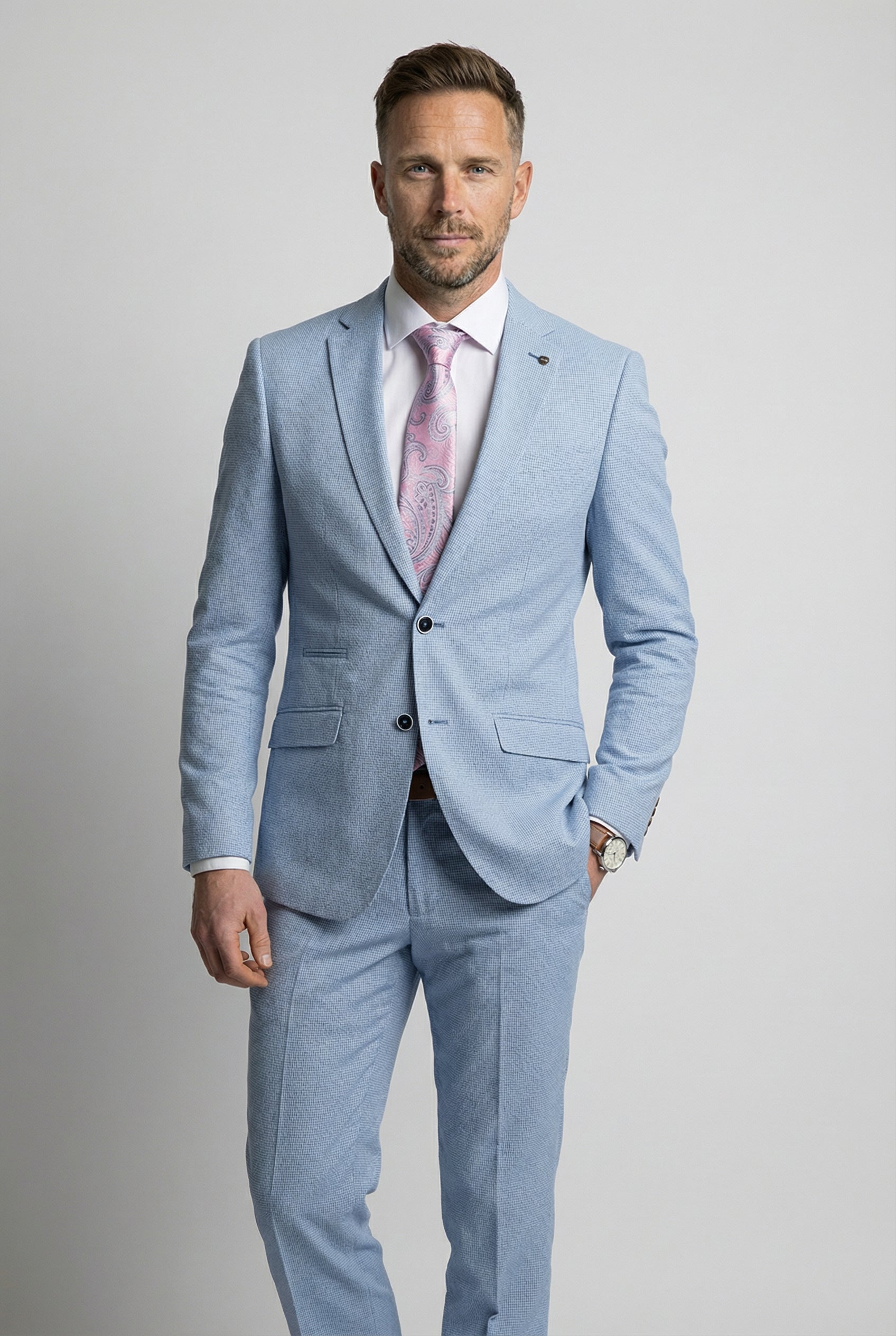 Men's Self Patterned Slim Fit Suit - JUDE - Light Blue