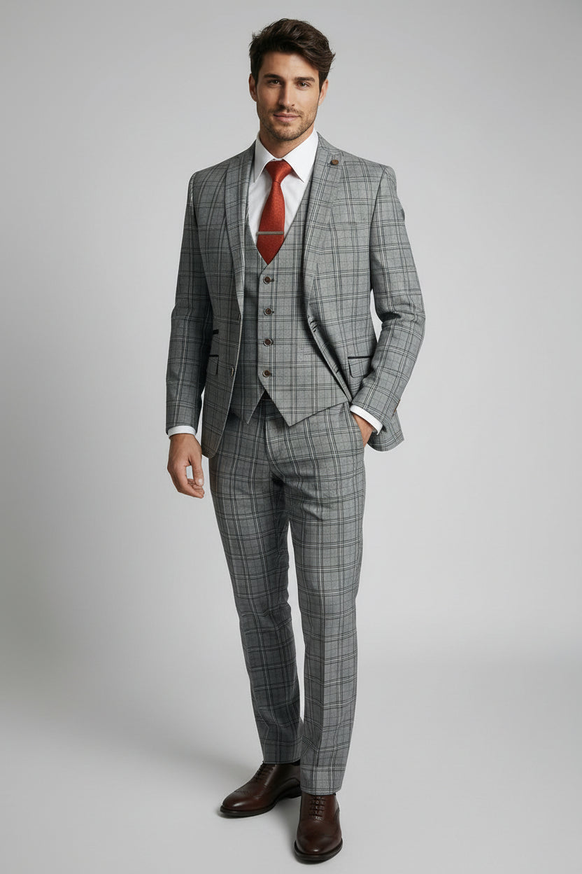 Men's Slim Fit Check 3PC Suit - MARCELLO - Grey