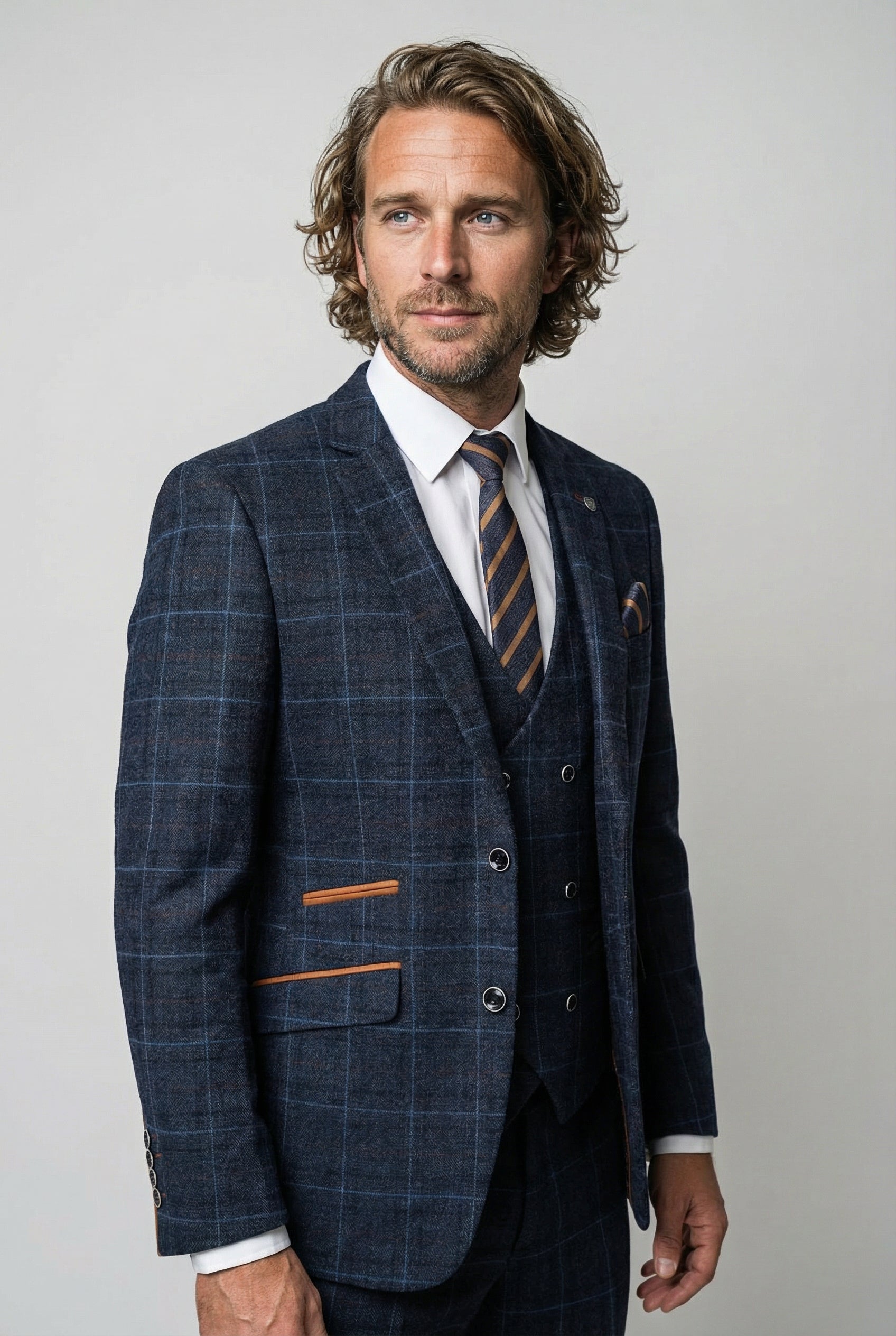 Herren Maßgeschneiderter Retro Karo Anzug - ANTHONY NAVY - Marineblau