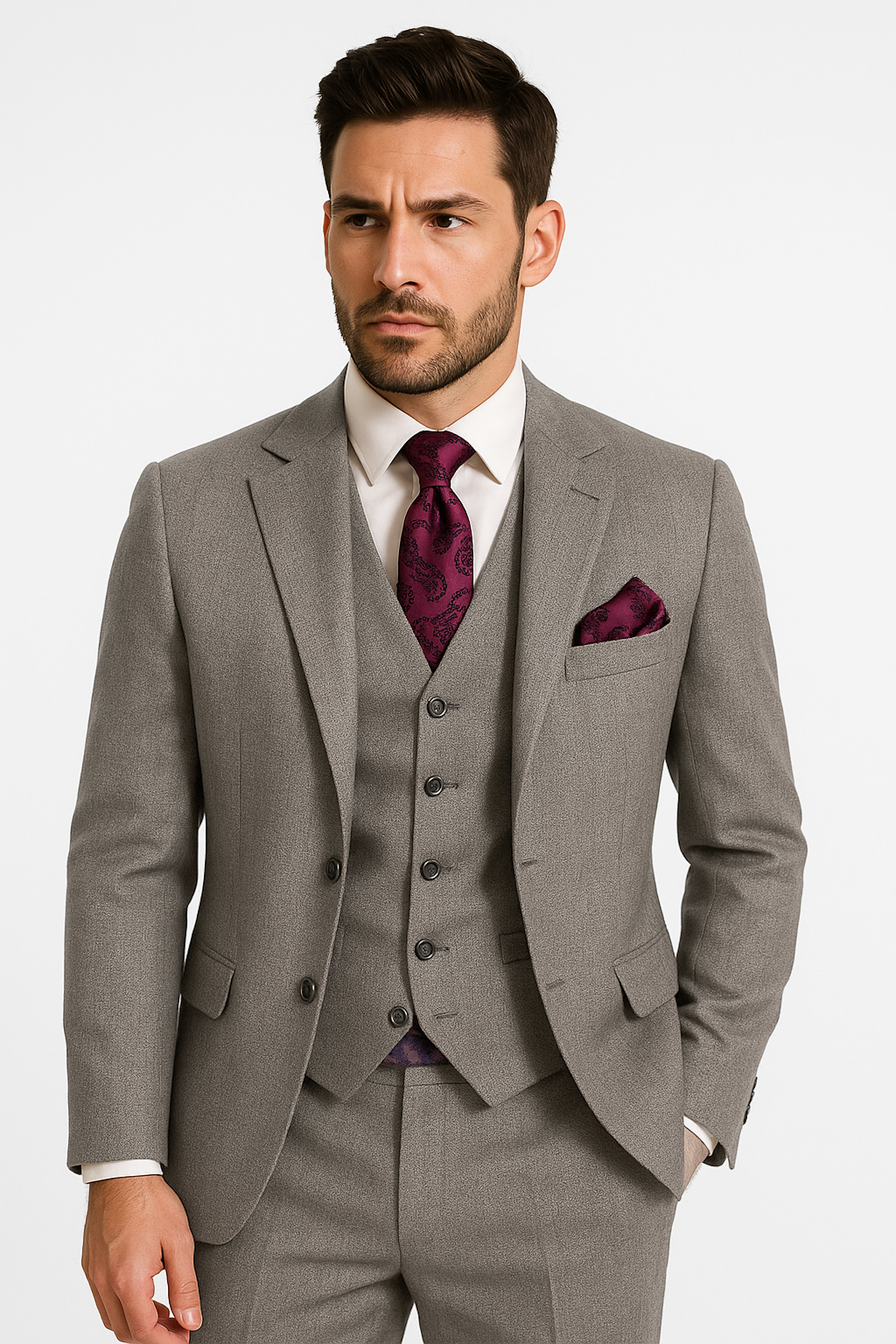 Men's Textured Tailored Fit Suit - ADRIAN - Dark Beige