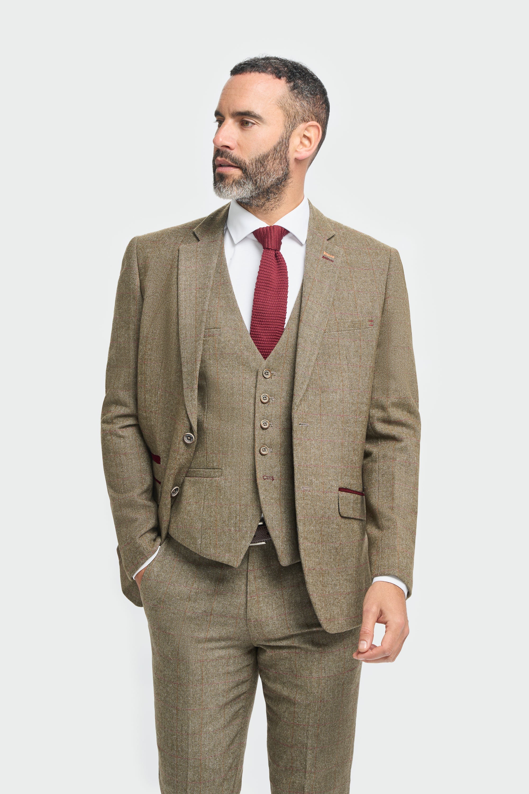 Men's Tweed Check Green Formal Suit - Gaston Sage Model Picture