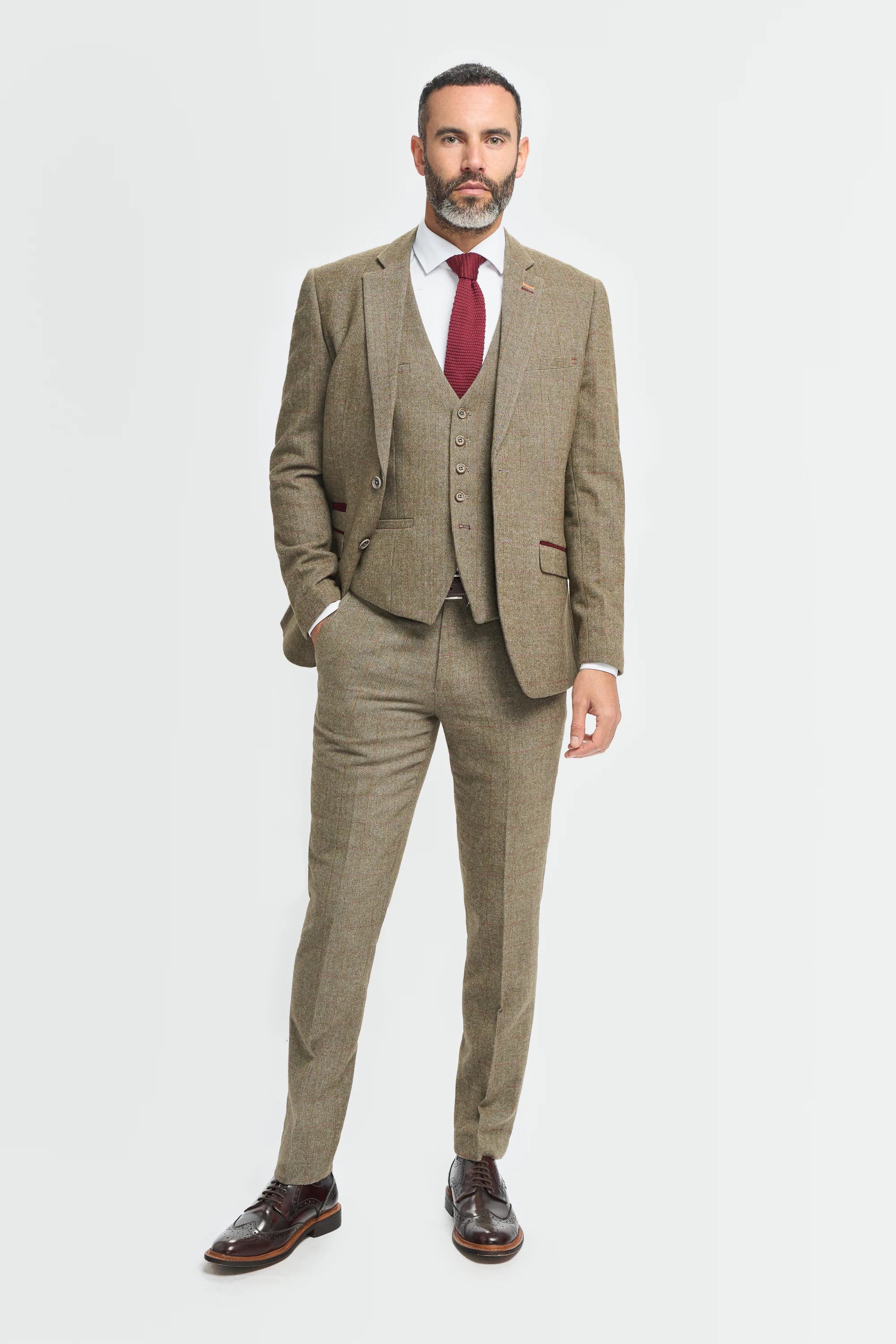 Men's Tweed Check Green Formal Suit - Gaston Sage Model Front Picture