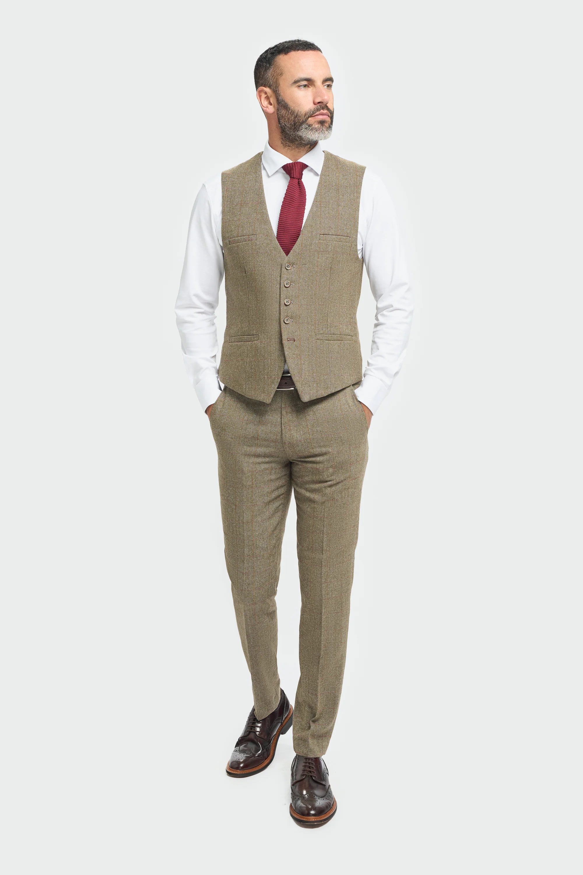 Men's Tweed Check Green Formal Suit - Gaston Sage Waistcoat Front Picture