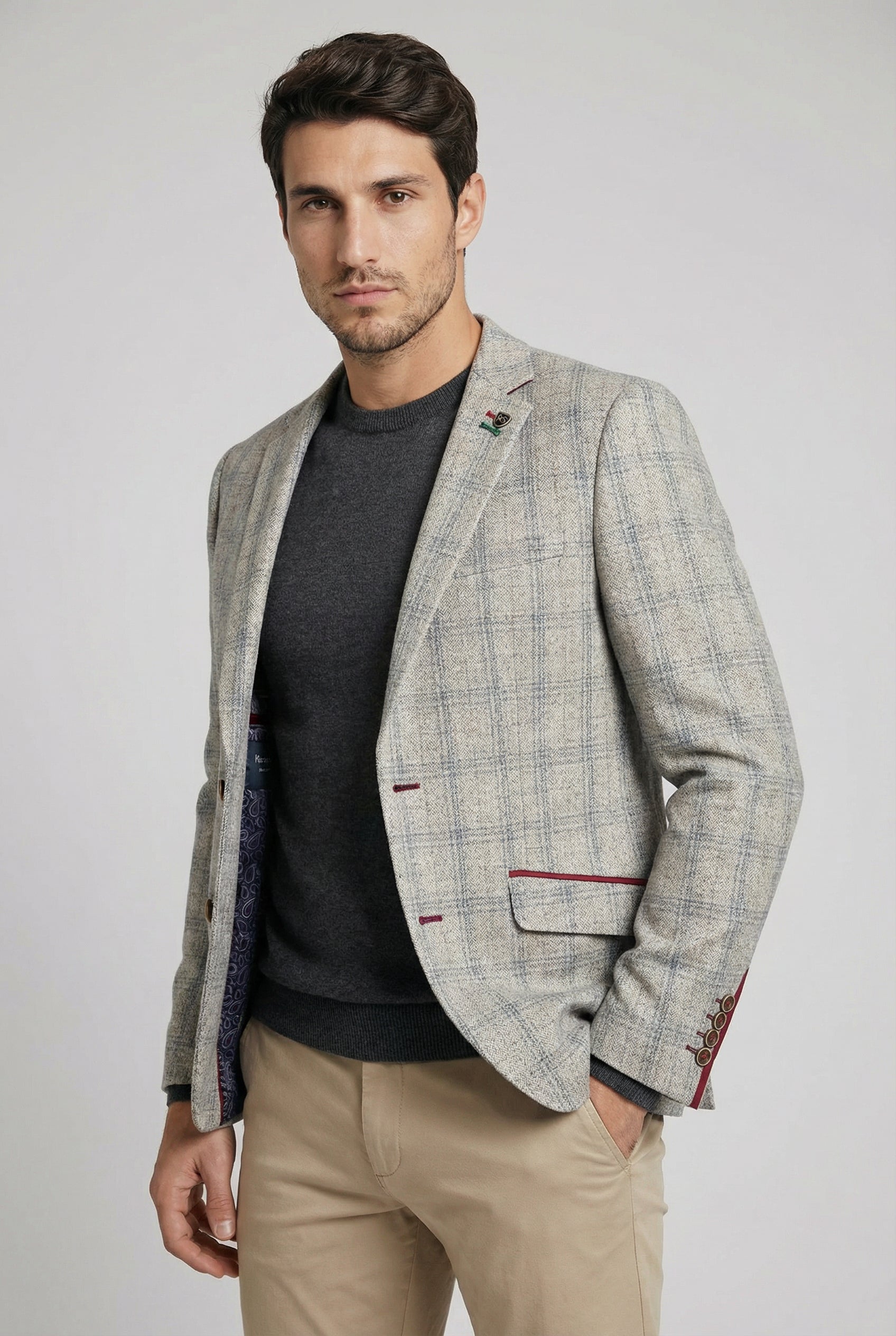 Erkek Tweed Kareli Slim Fit Gri Takım Elbise Ceketi - ANDREW - Gri