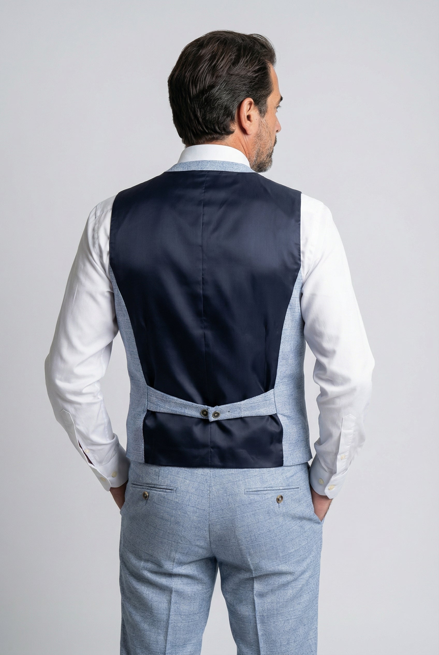 Men’s Tweed Glen Check Double Breasted Waistcoat - Light Blue Back Picture