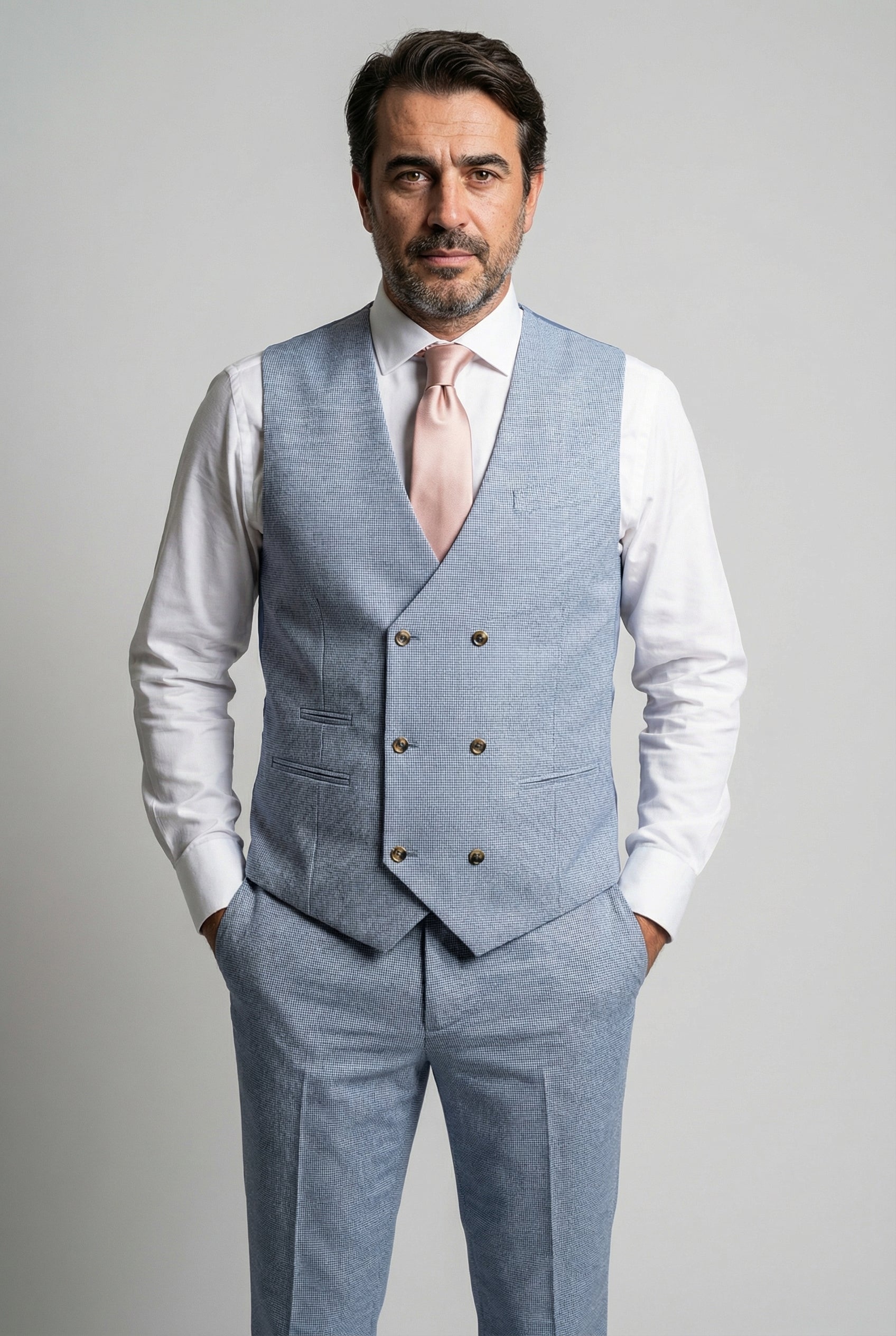 Gilet doppiopetto da uomo in tweed Glen Check - Blu chiaro
