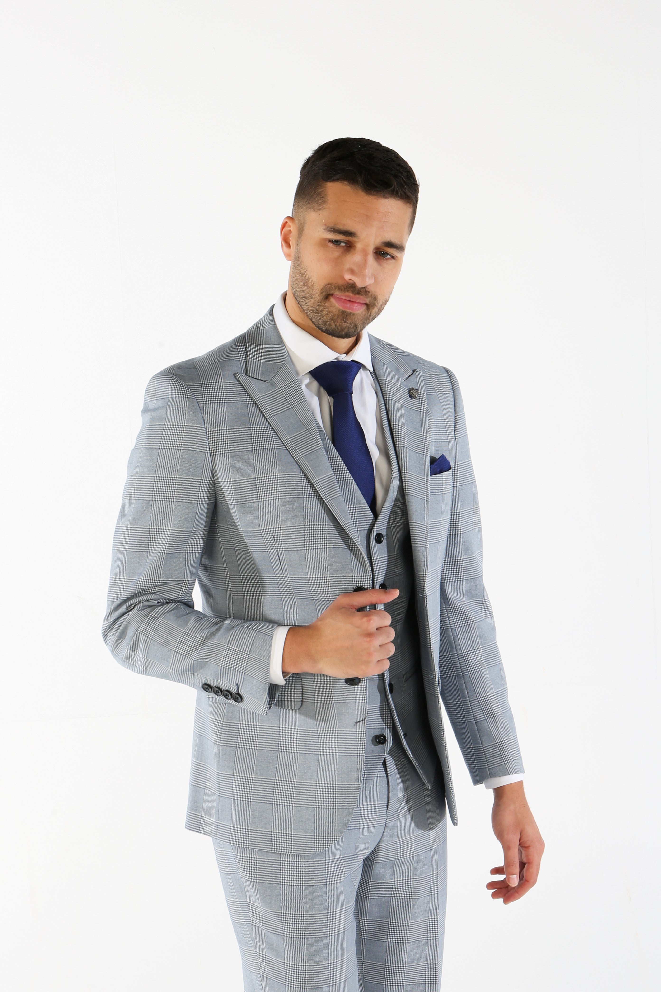 Men's Tweed Houndstooth Check Sky Blue Suit - MARK - Sky Blue
