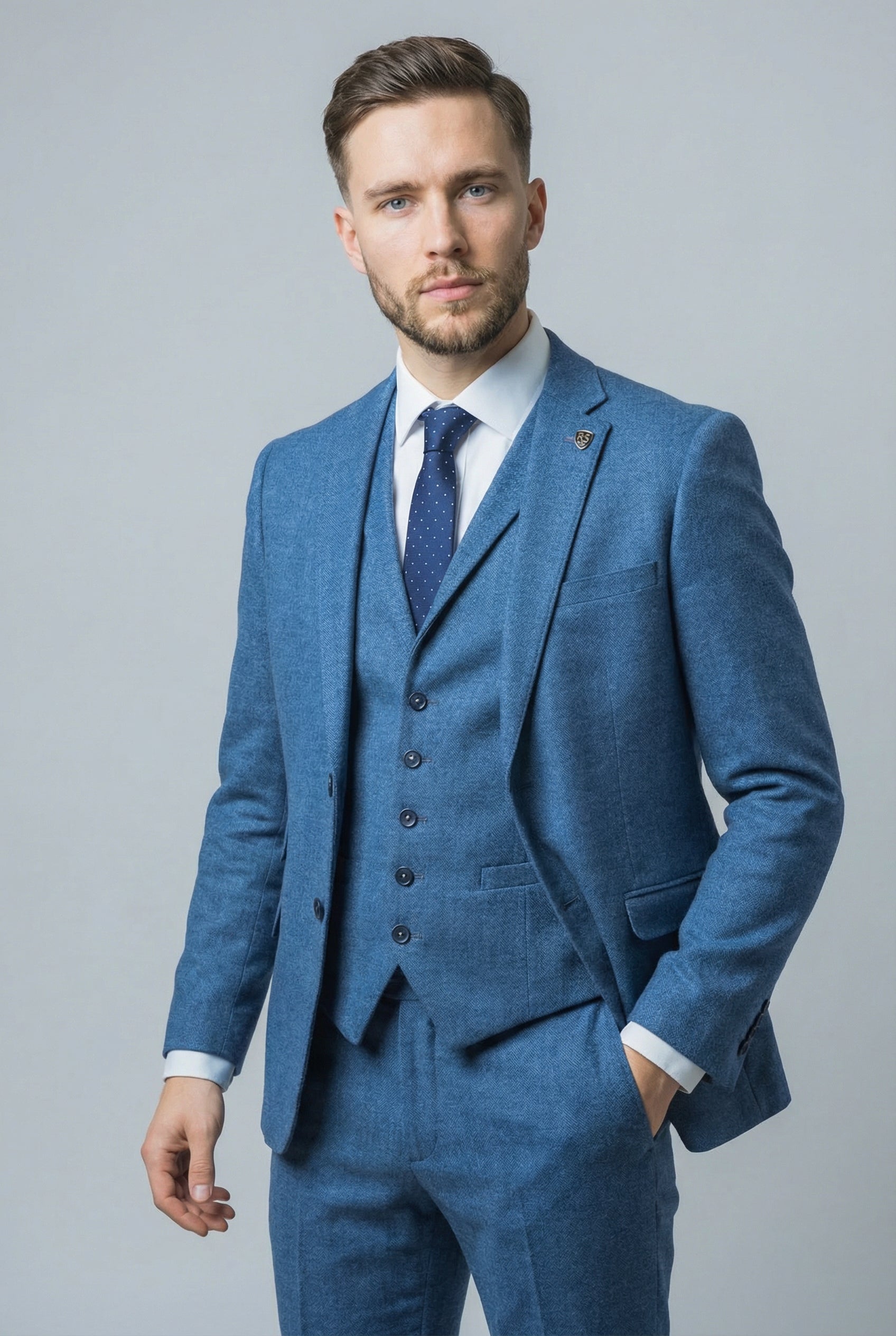Traje azul Yale ajustado de tweed para hombre - JAXON