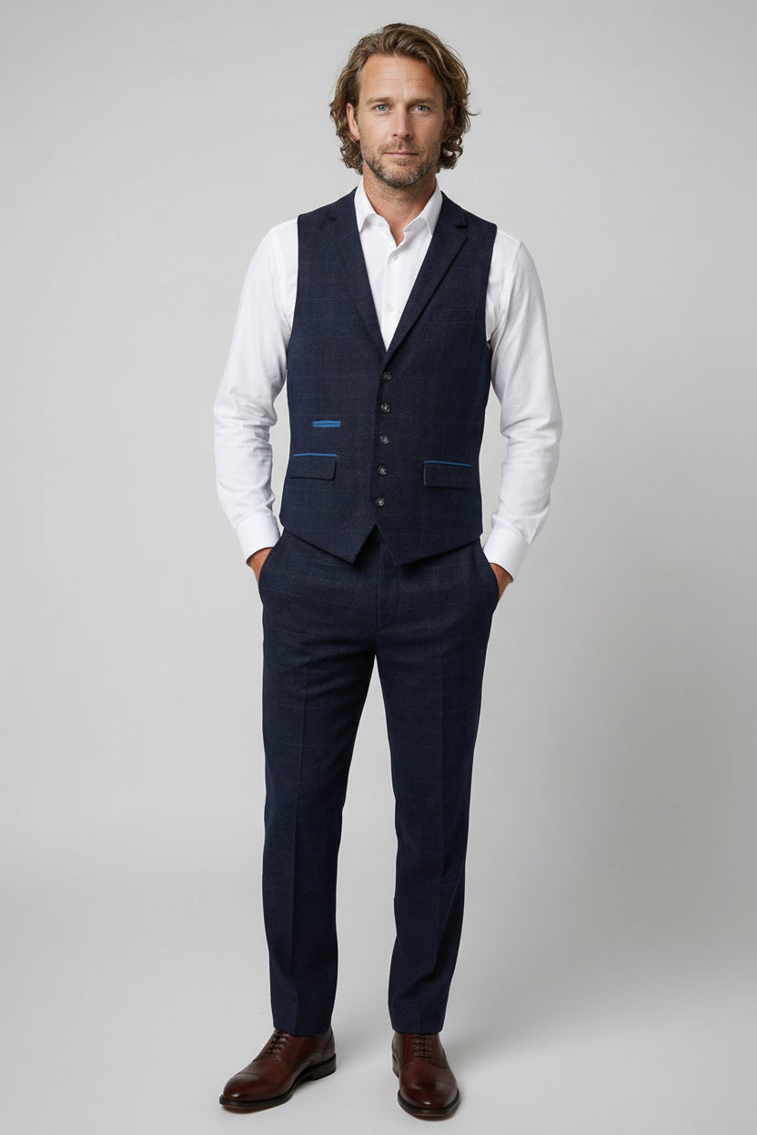 Men's Tweed Windowpane Check Navy Blue Waistcoat - RYAN - Navy Blue