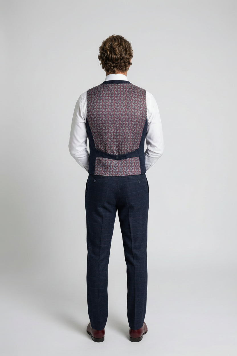 Men's Tweed Windowpane Check Navy Blue Waistcoat - RYAN - Navy Blue