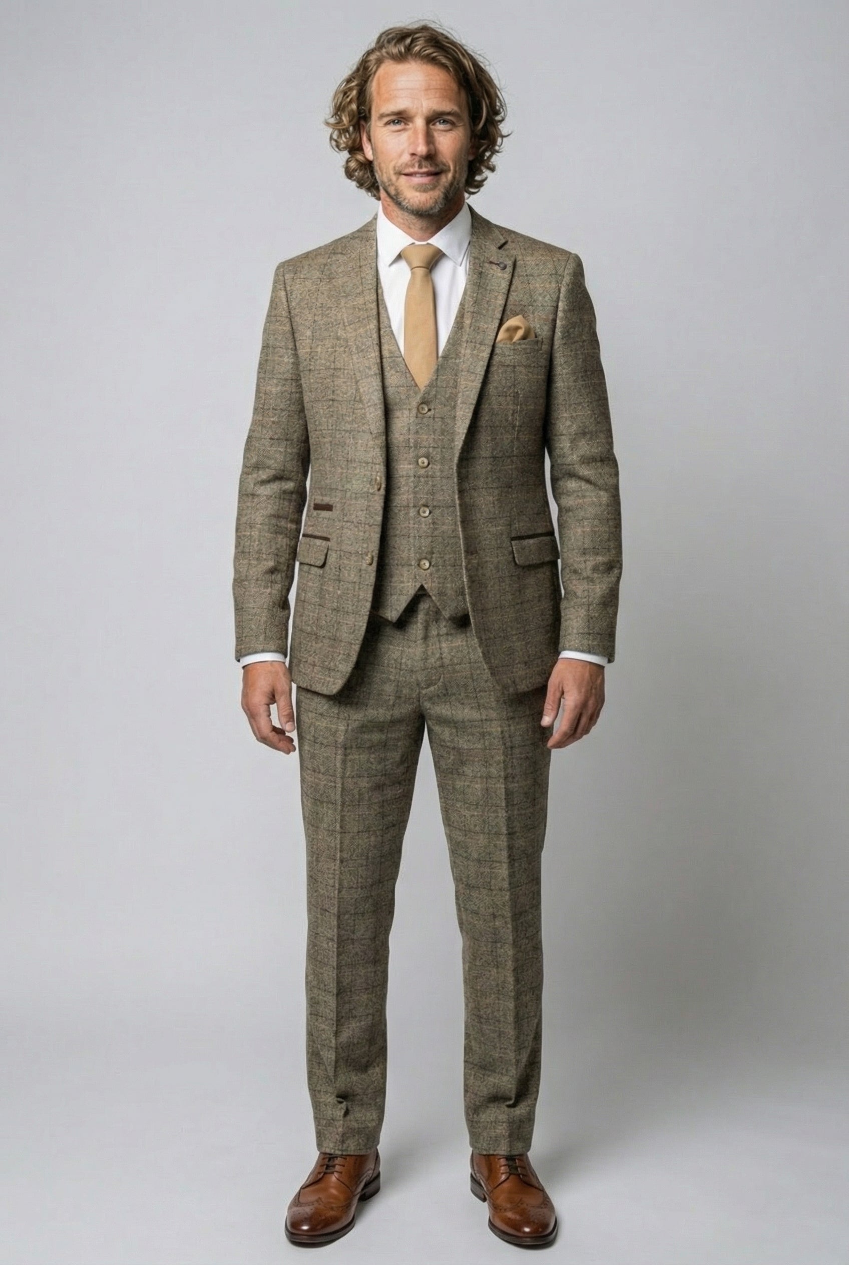 Herren Tweed Windowpane Karo Anzug - LIAM Beige - Beige