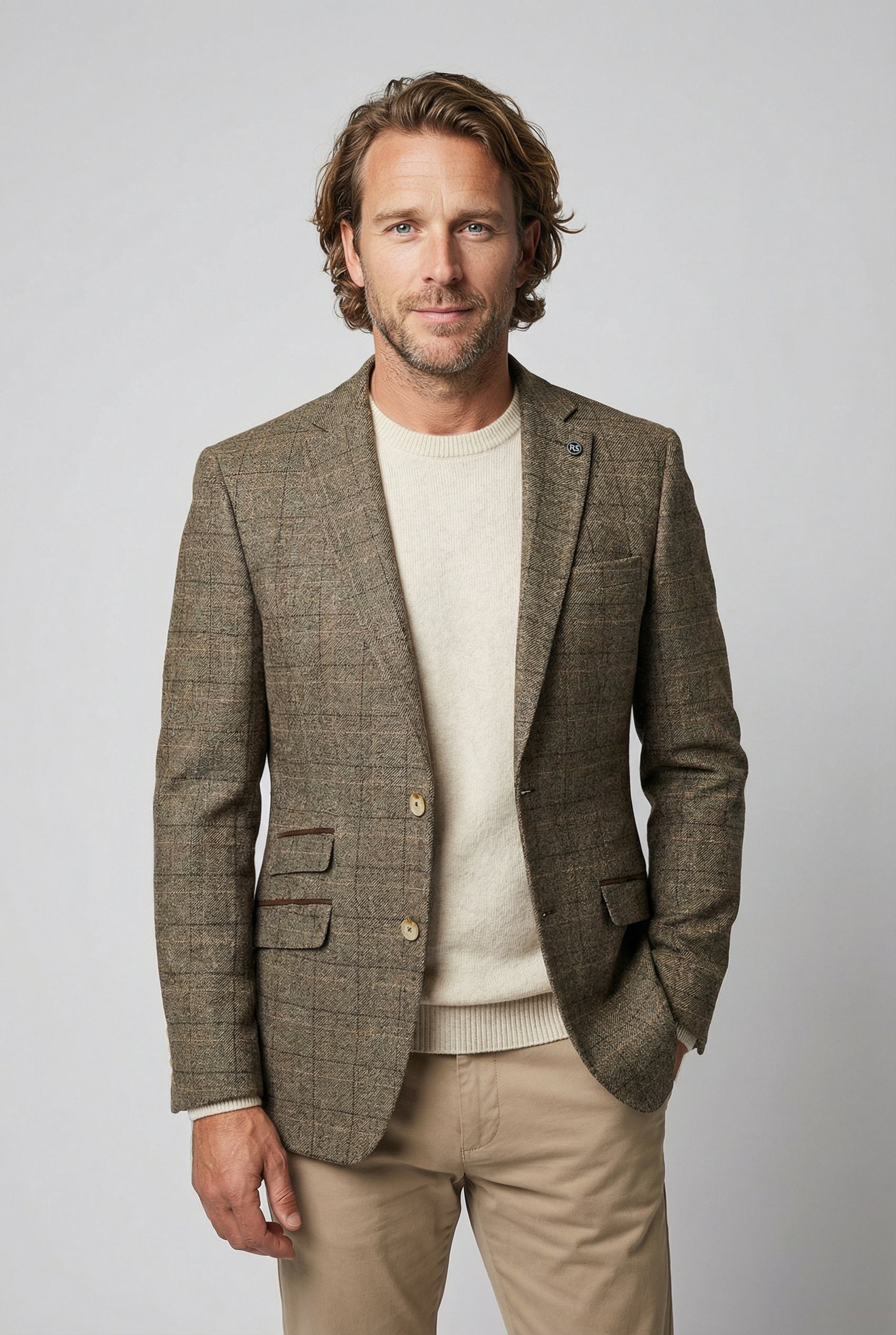 Giacca da completo da uomo in tweed con motivo a quadri a finestra - LIAM Beige - Beige