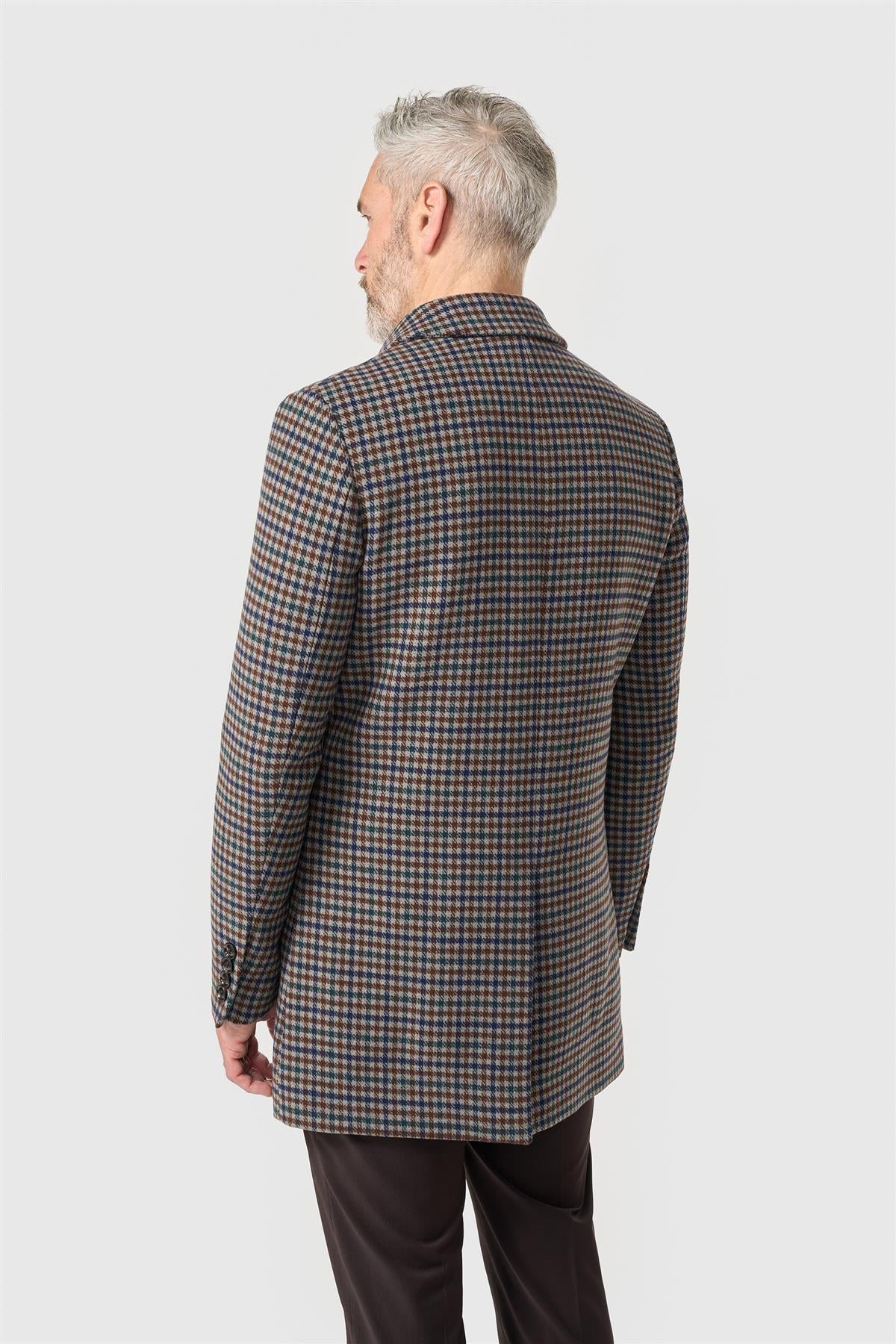 Men’s Tweed Wool Blend Check Overcoat - Cavani Andreas Brown Model Back Picture