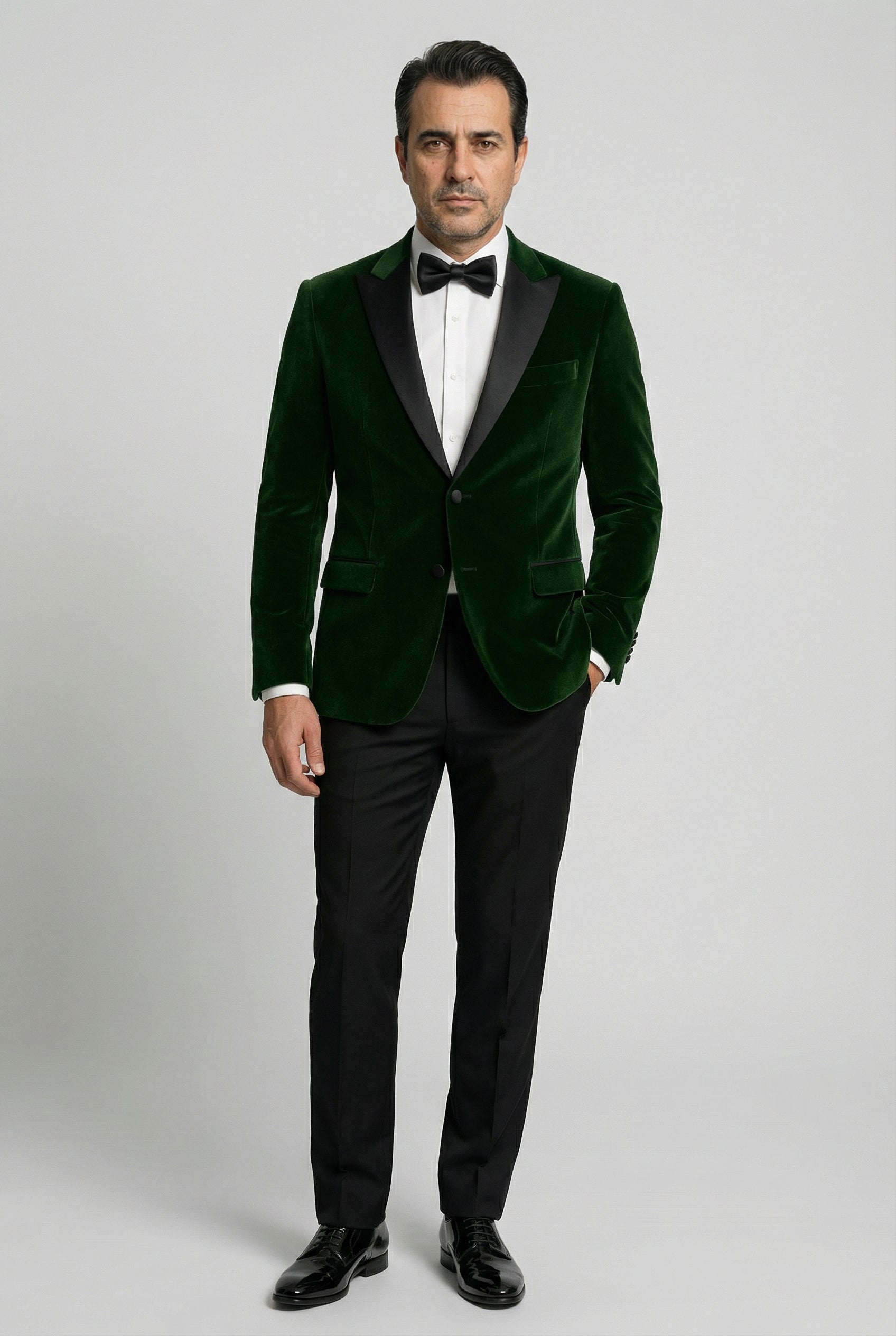 Men’s Velvet Blazer Satin Lapel Dinner Jacket - Mayfair - Green Model Picture