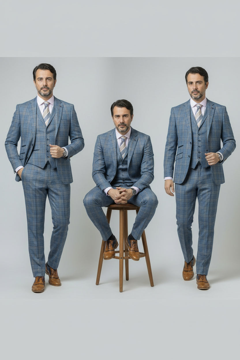 Men's Windowpane Check Slim Fit Suit - LEVI - Blue