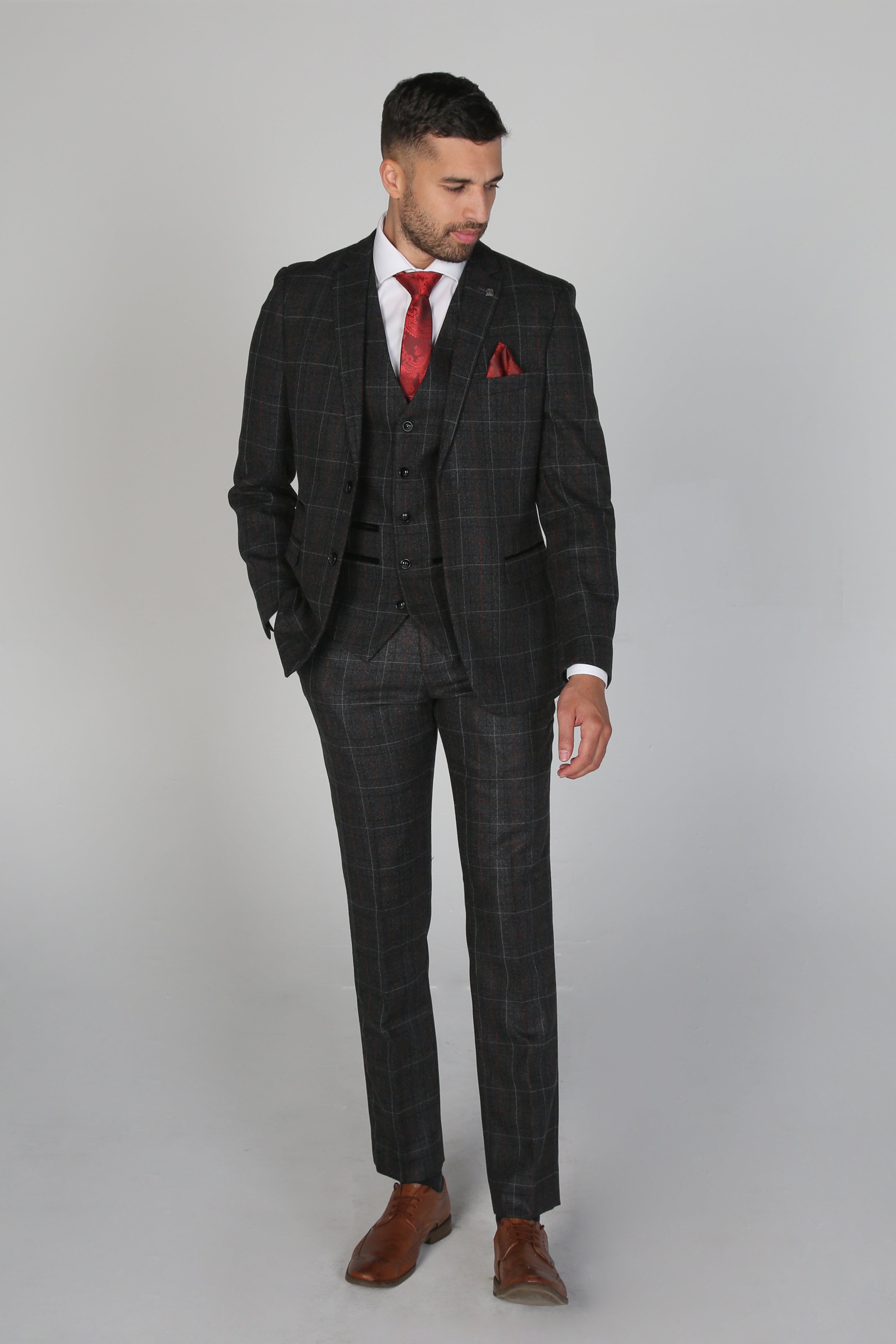 Costume à Carreaux Windowpane Tailored Fit pour Homme - HARVEY - Gris Charbon