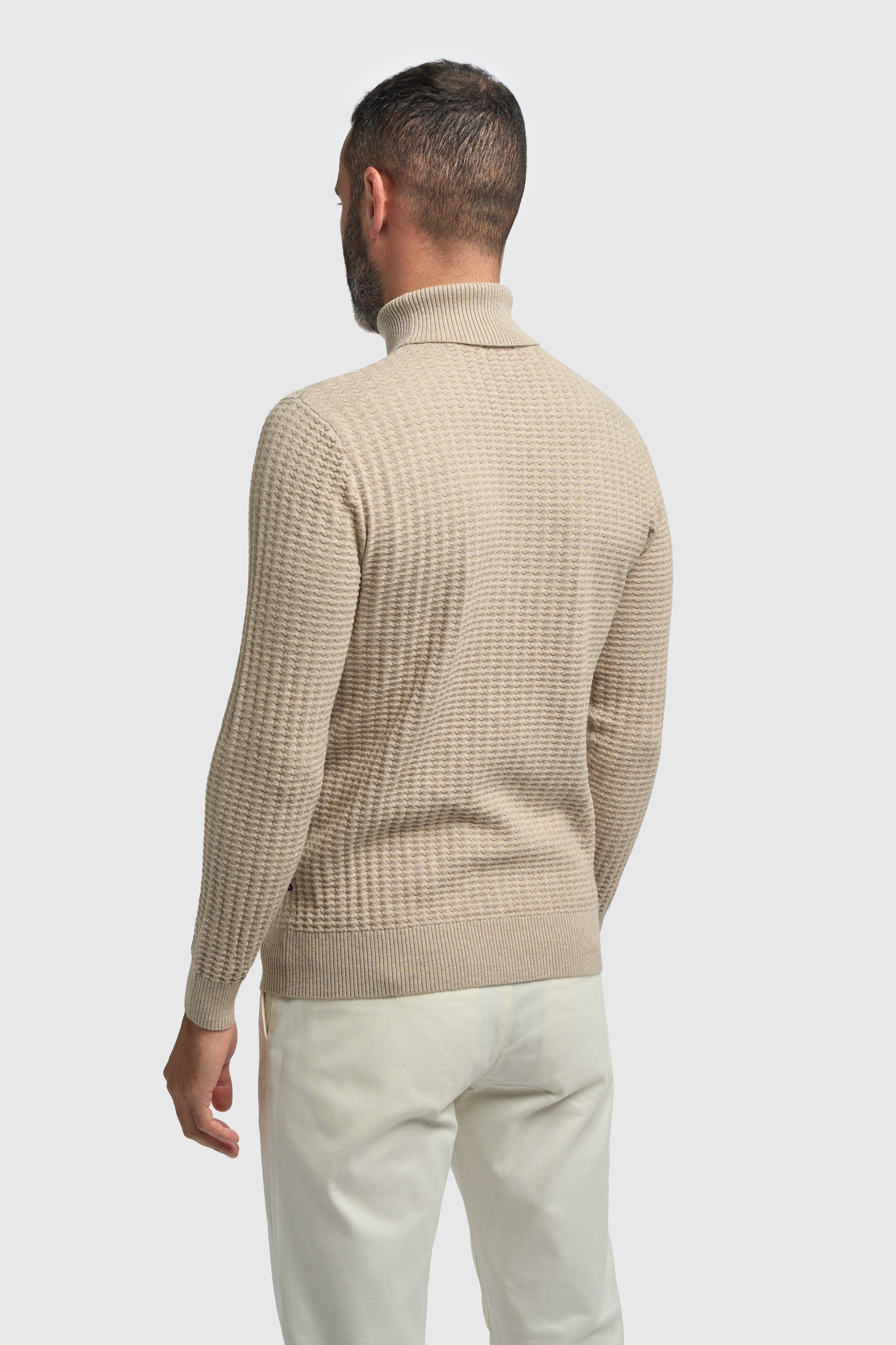 Men’s Wool-Cotton Waffle Knit Roll Neck Jumper - Argas - Fawn Back Picture