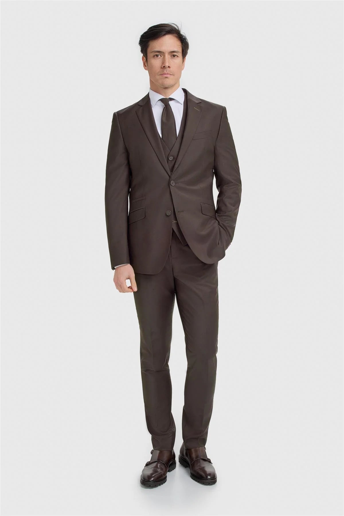Traje formal ajustado de lana para hombre de 3 piezas - Bond - Castaño rojizo