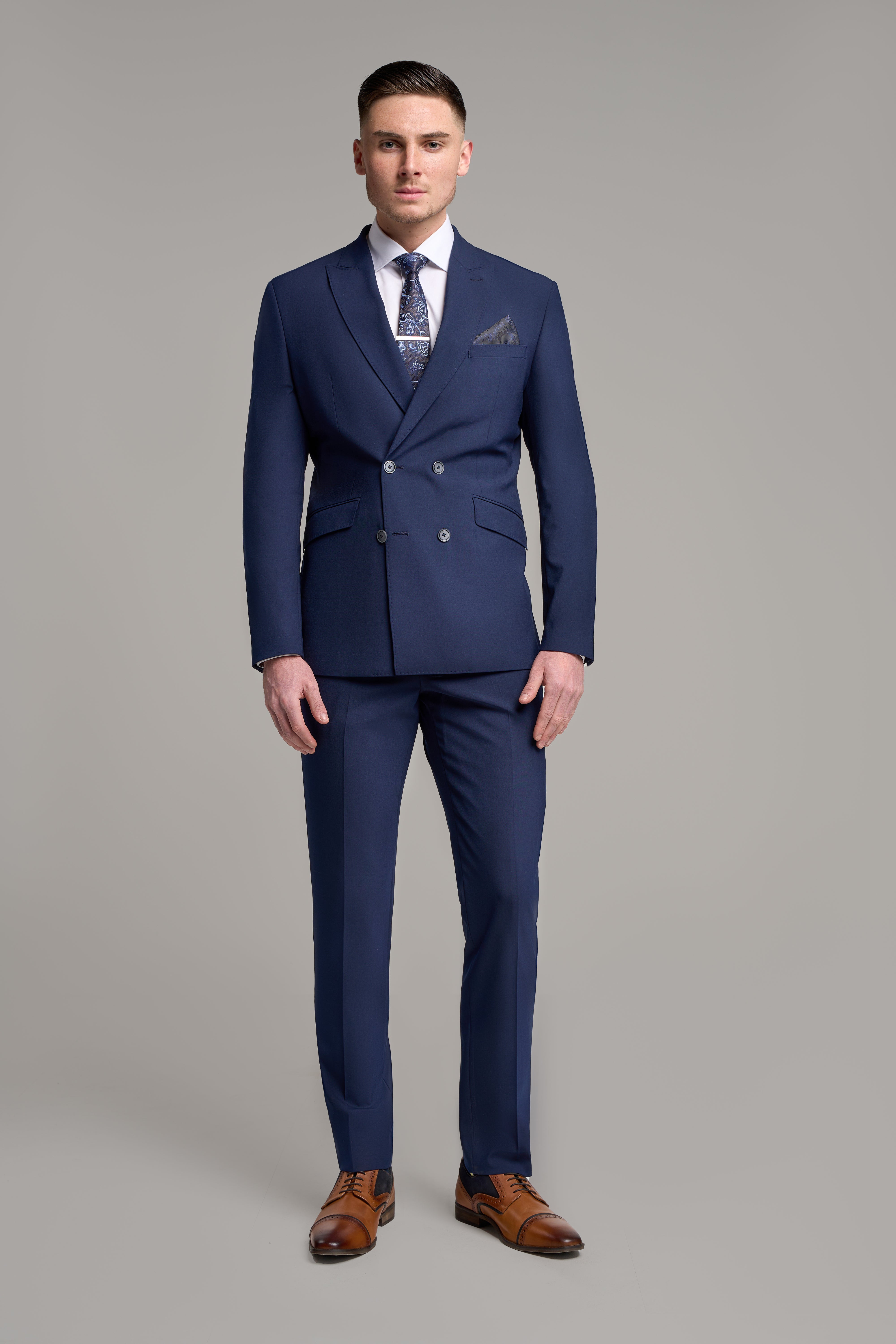 Men’s Wool Mix Double Breasted Suit Jacket – VICTORIOUS -  Navy Blue Model Front Picture