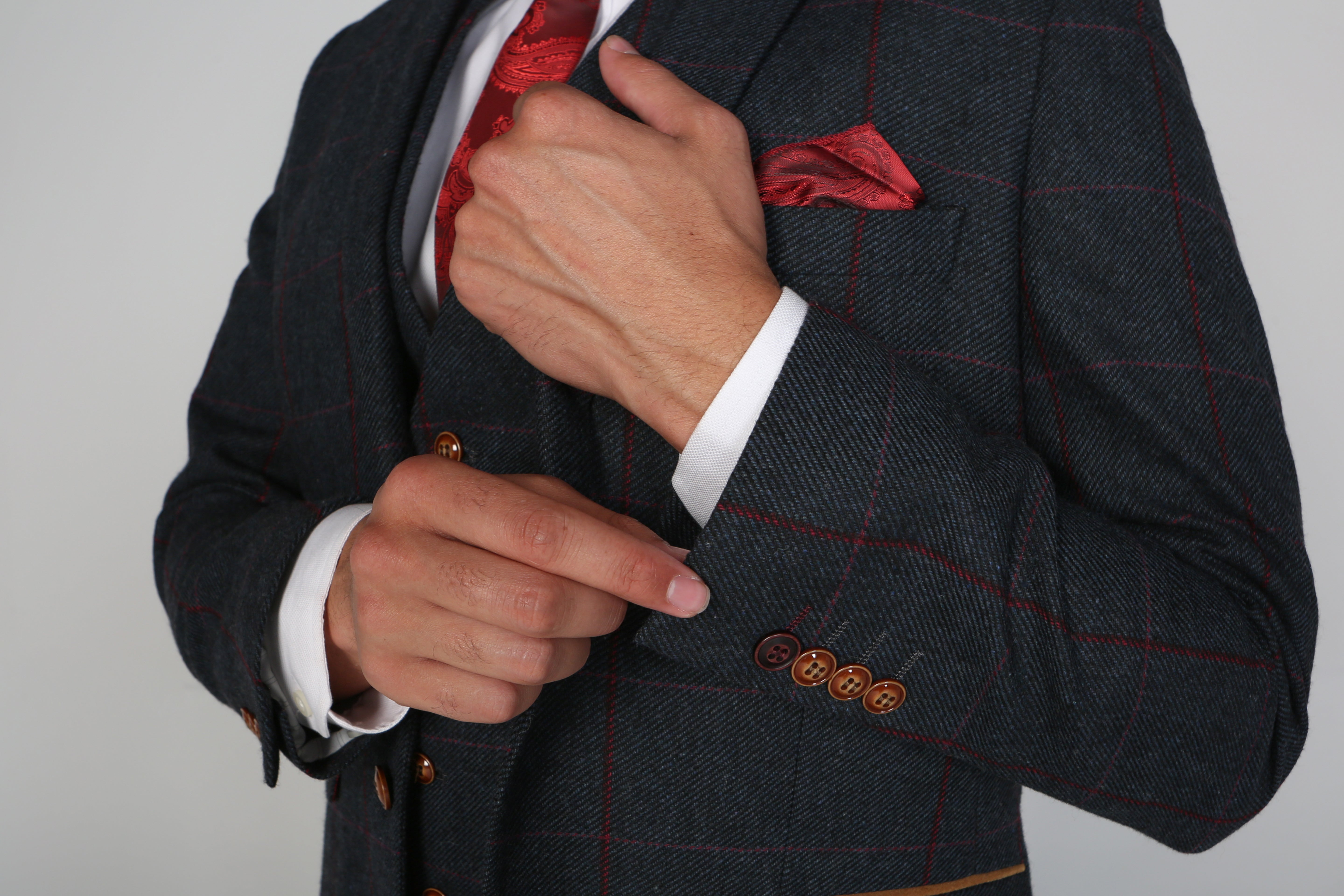 Herren- und Jungenanzug aus Tweed mit Windowpane-Karo, maßgeschneiderte Passform - MADRID - Marineblau