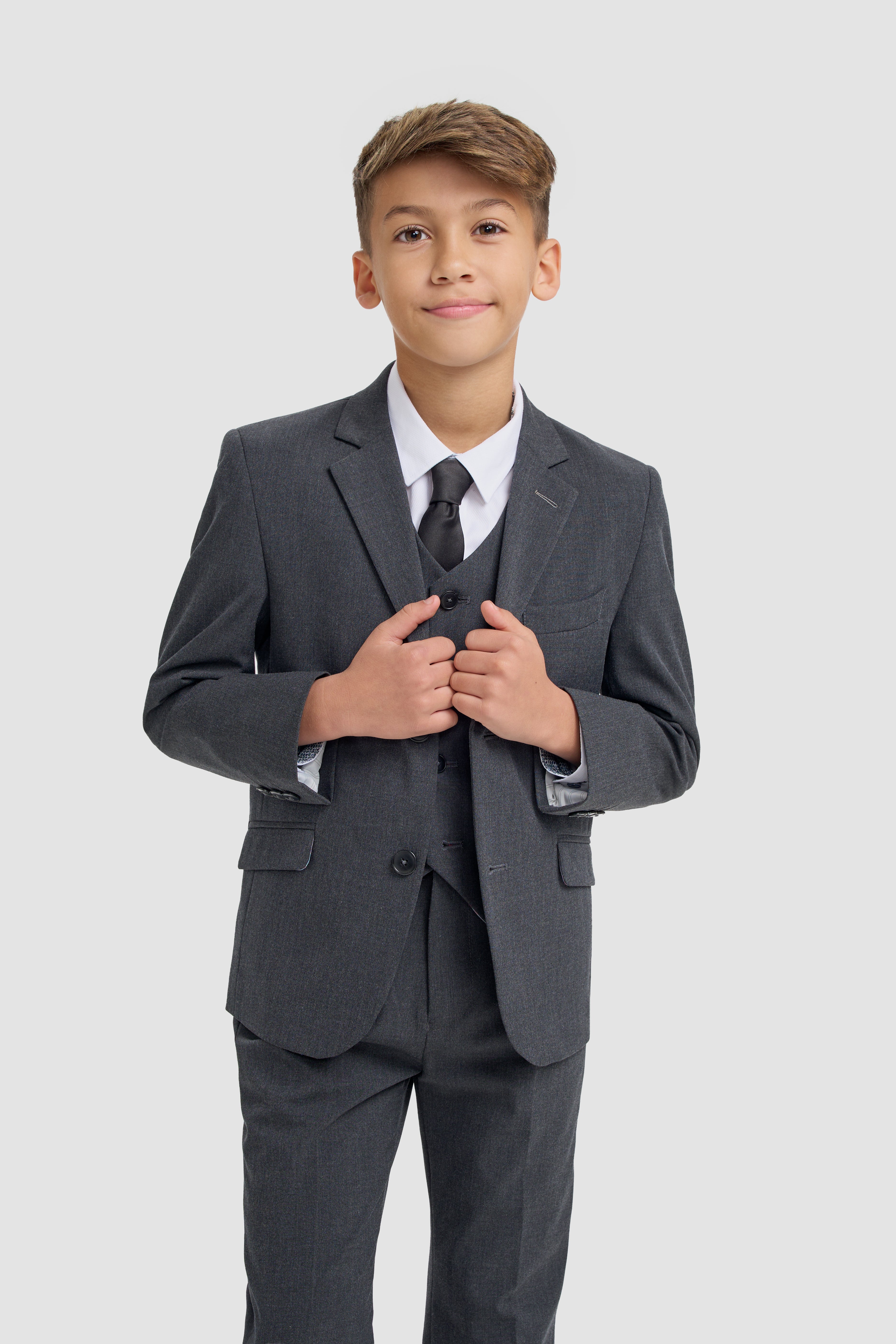 Premium Slim Fit Boys Suit – MALIBU - Charcoal Grey Front Picture