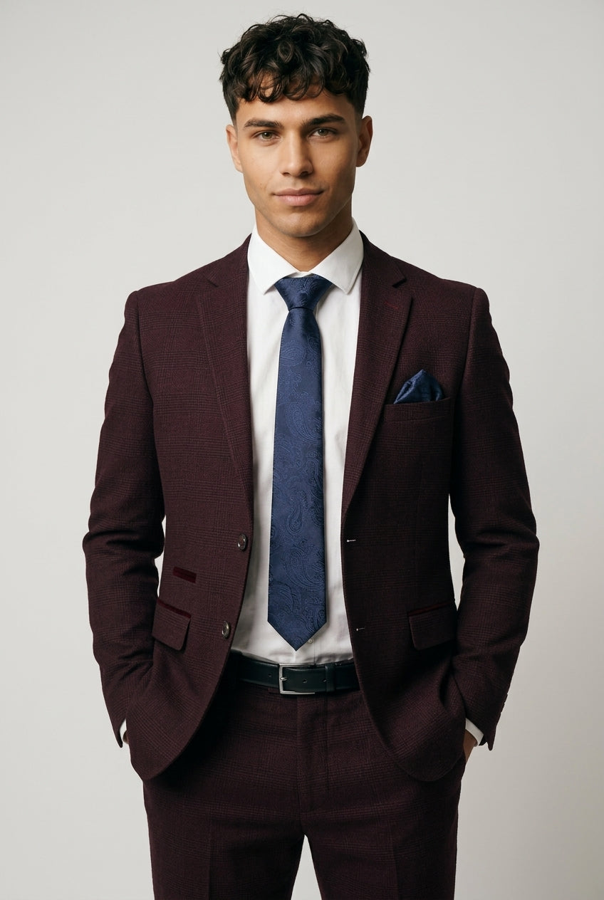 Regent 2-Piece Prom Glen Check Suit - Wine Red Model Picture
