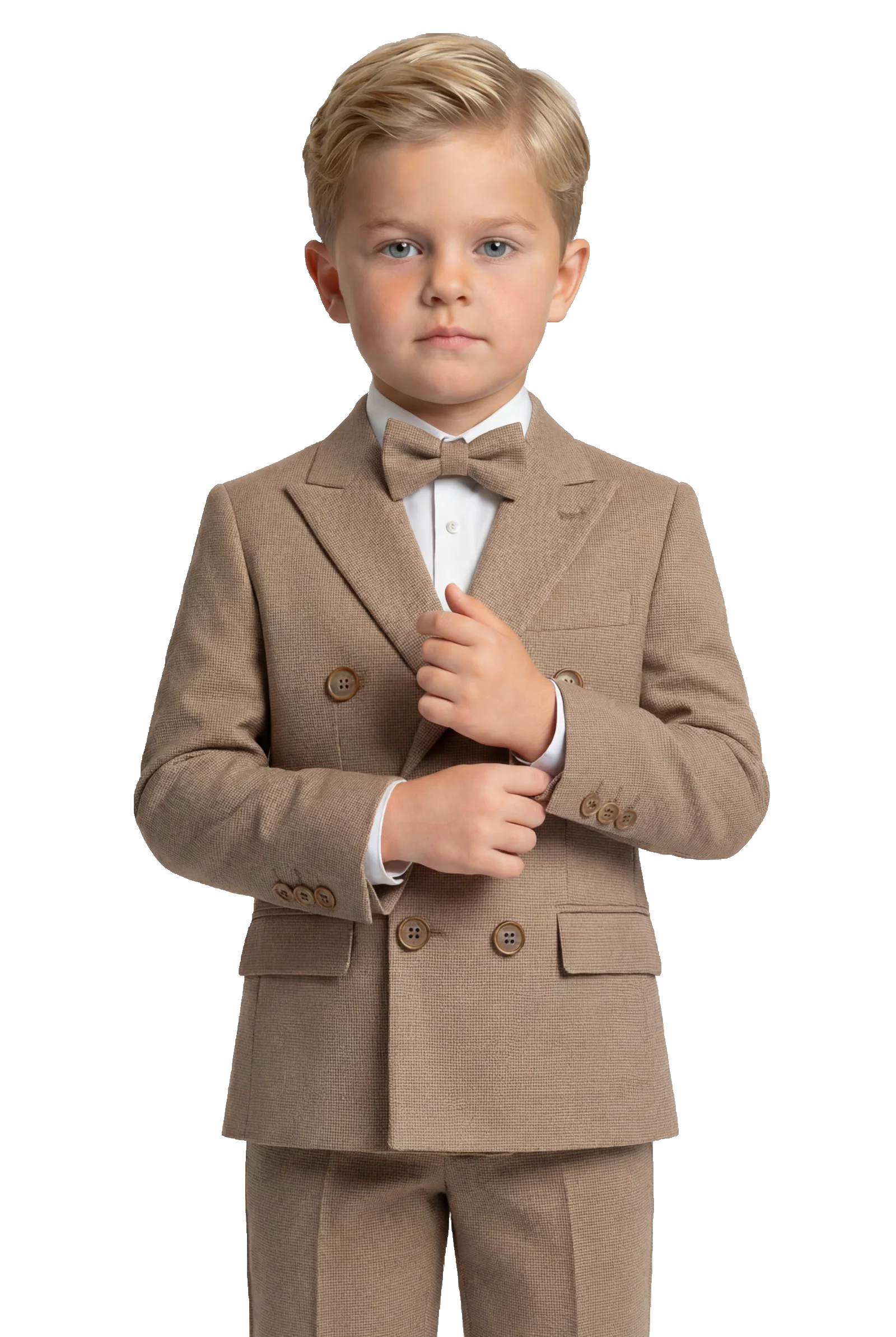 4-teiliges Slim Fit Zweireihiges Anzugset für Jungen - Hellbraun