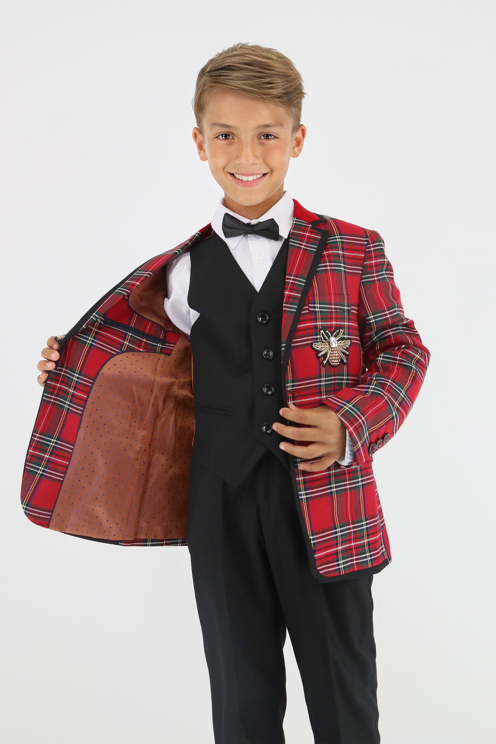 Stylish Boys Tartan Plaid Suit - Red - Black Linning Picture