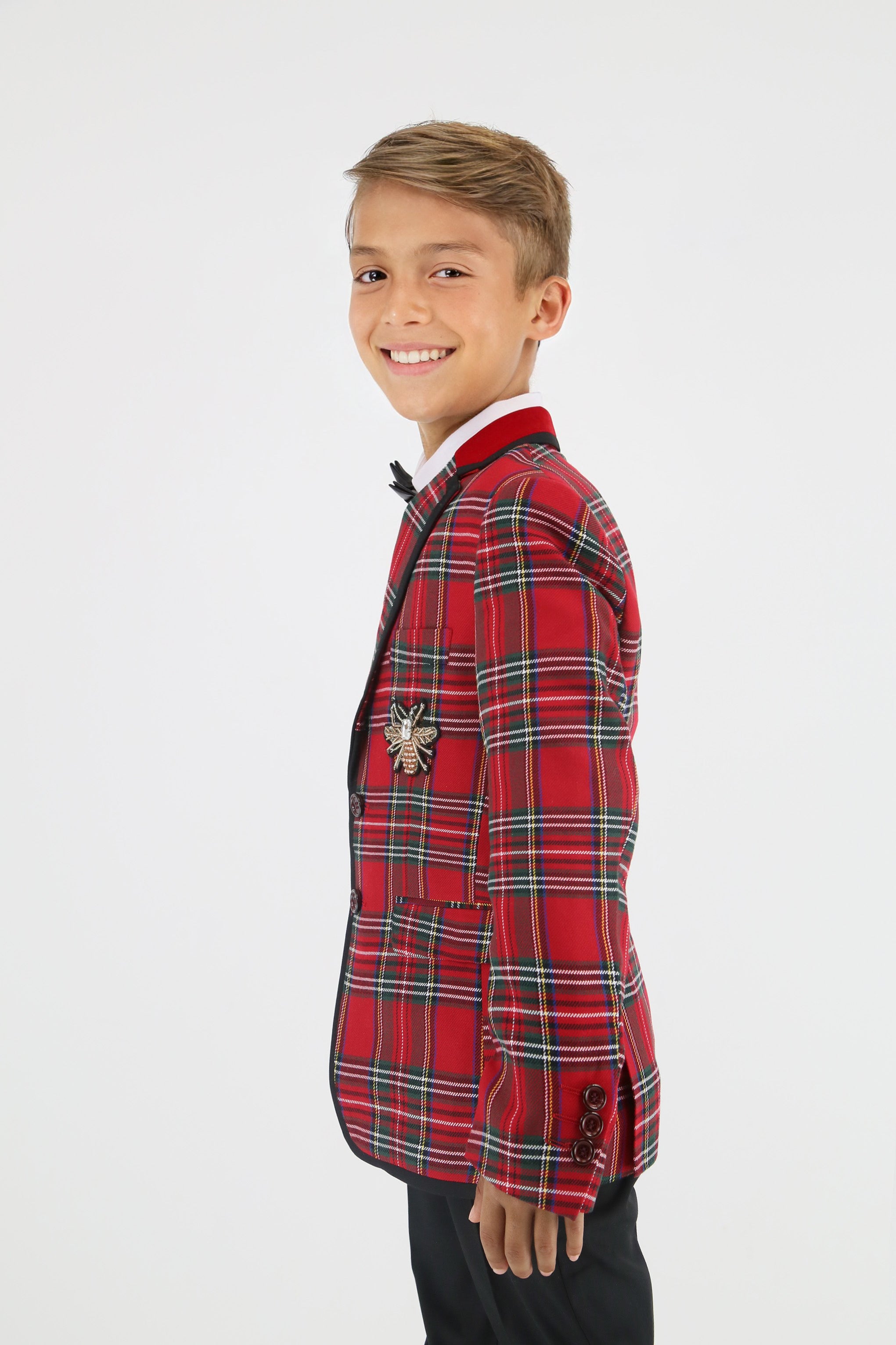 Stylish Boys Tartan Plaid Suit - Red - Black Model Side Picture