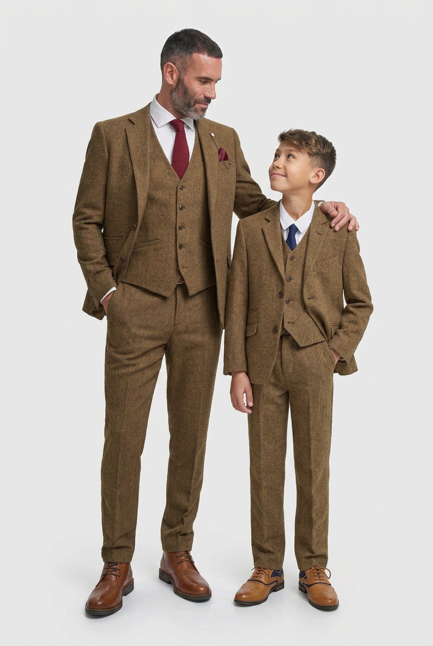Father & Son Matching Wool Herringbone 3-Piece Suit Set - Thomas - Brown