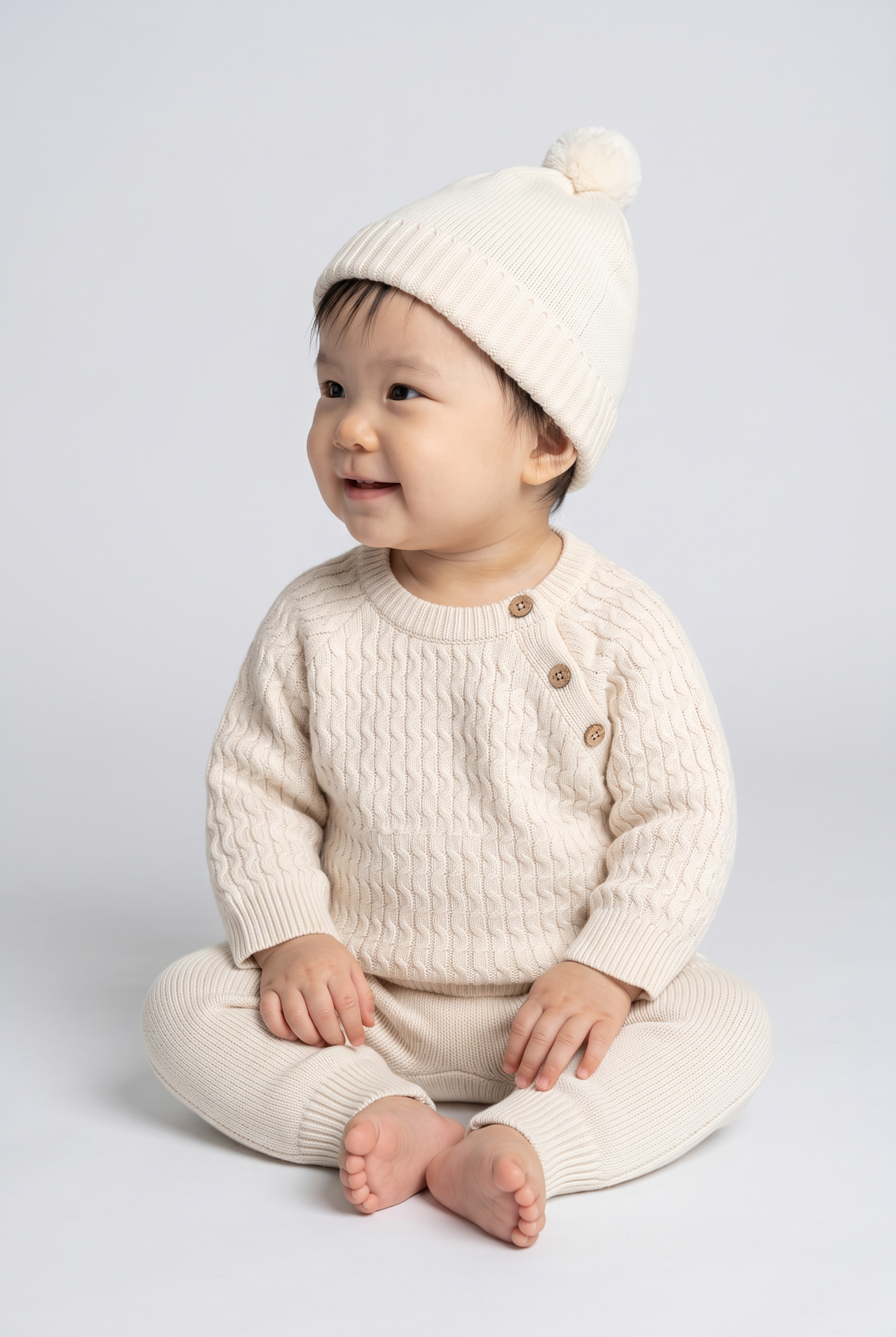 Unisex Babies Cable Knit Jumper Joggers & Pom Pom Hat 3-Piece Set - 26022 Ivory Picture