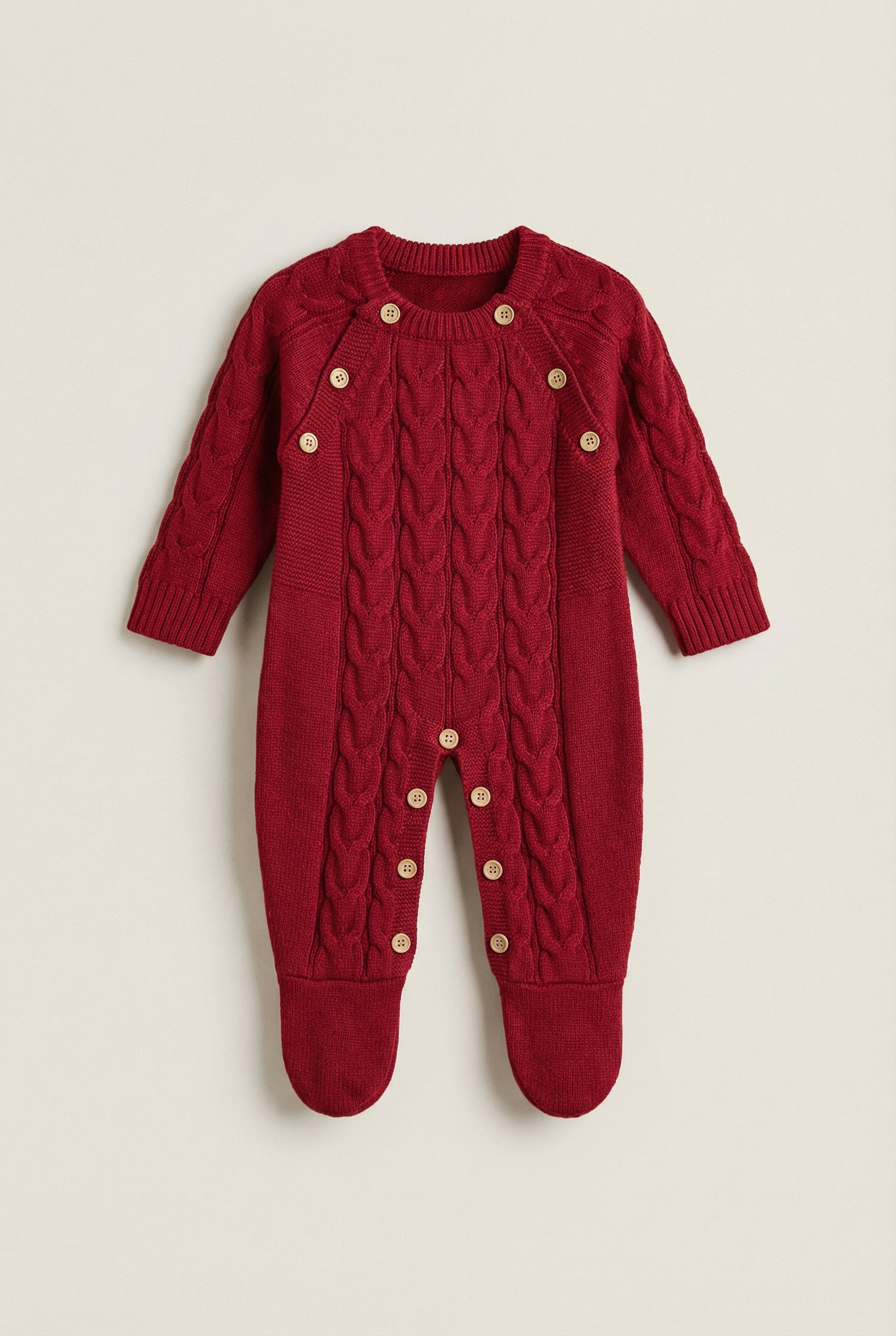 Unisex Babies Long Sleeve Cable Knit Romper - Red Front Picture
