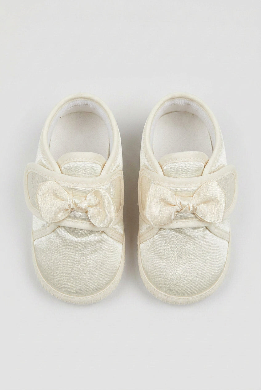 Unisex Babys Satin Schleifenwagen Schuhe - Elfenbein