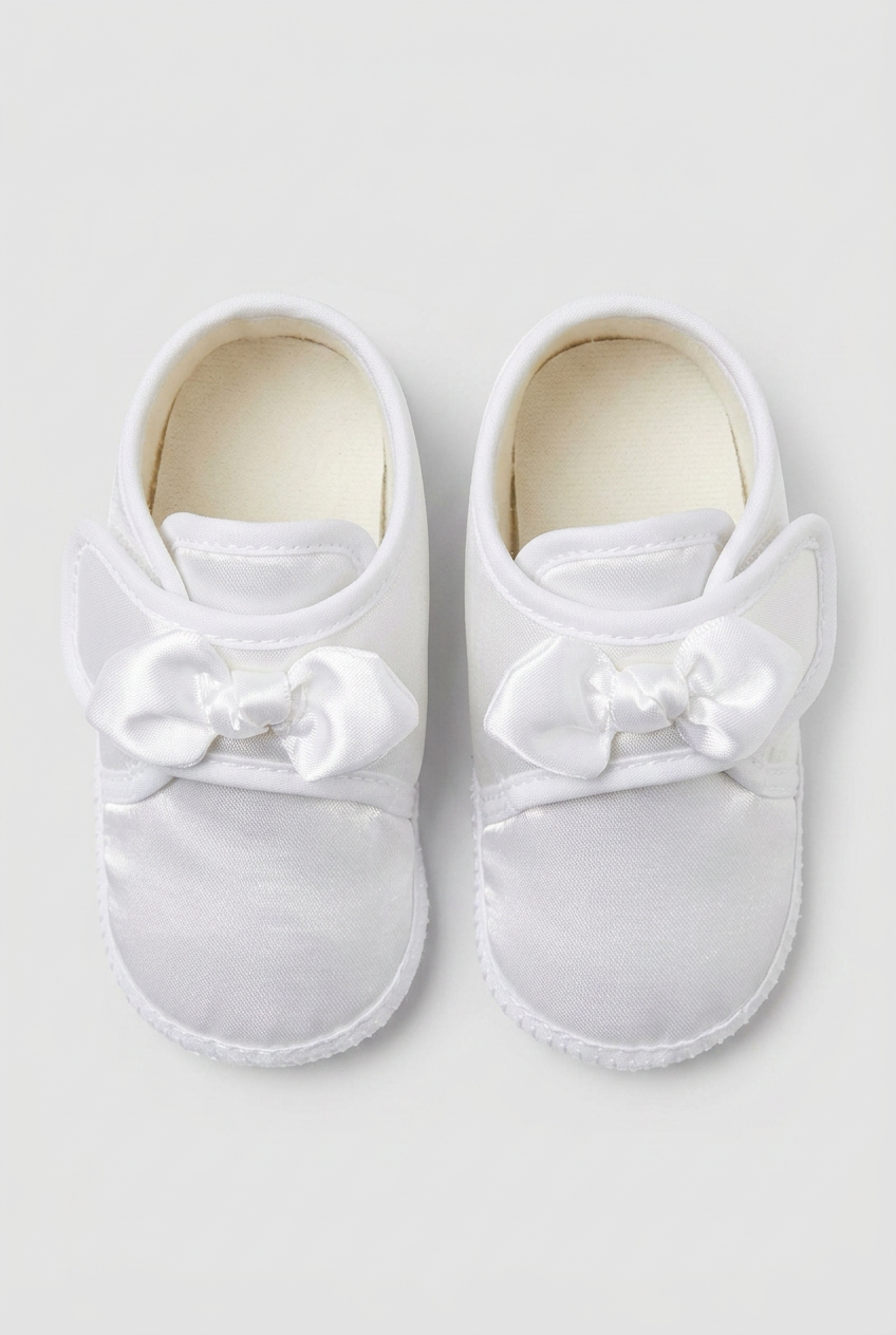 Unisex Babys Satin Schleifenwagen Schuhe - Weiß