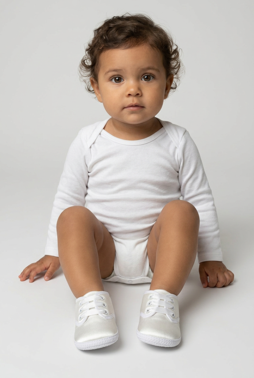 Unisex Babys Satinband Schnürwagen Schuhe - Weiß