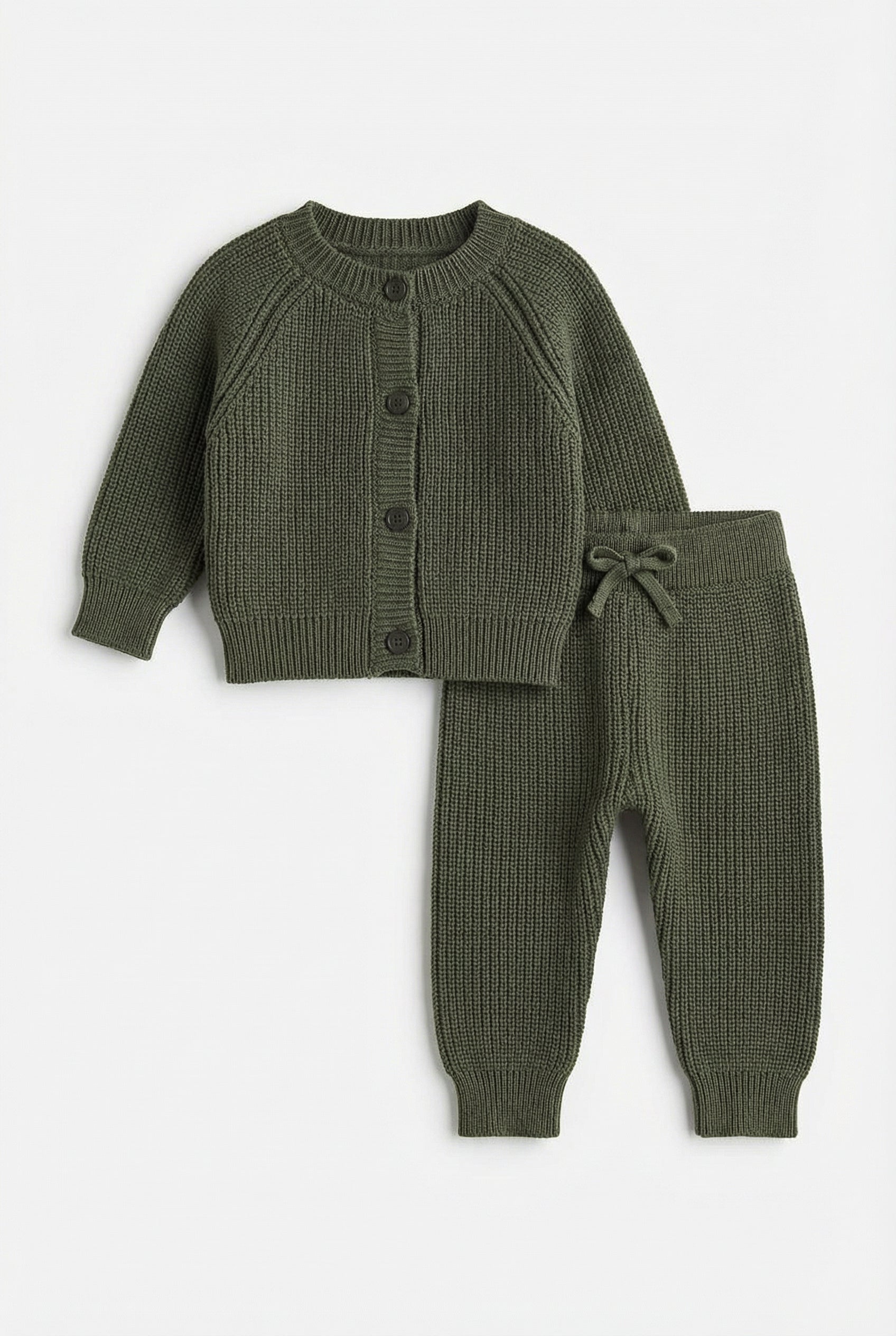 Unisex Baby 2-Piece Ribbed Knit Cardigan & Trousers Lounge Set - Green Front Picture