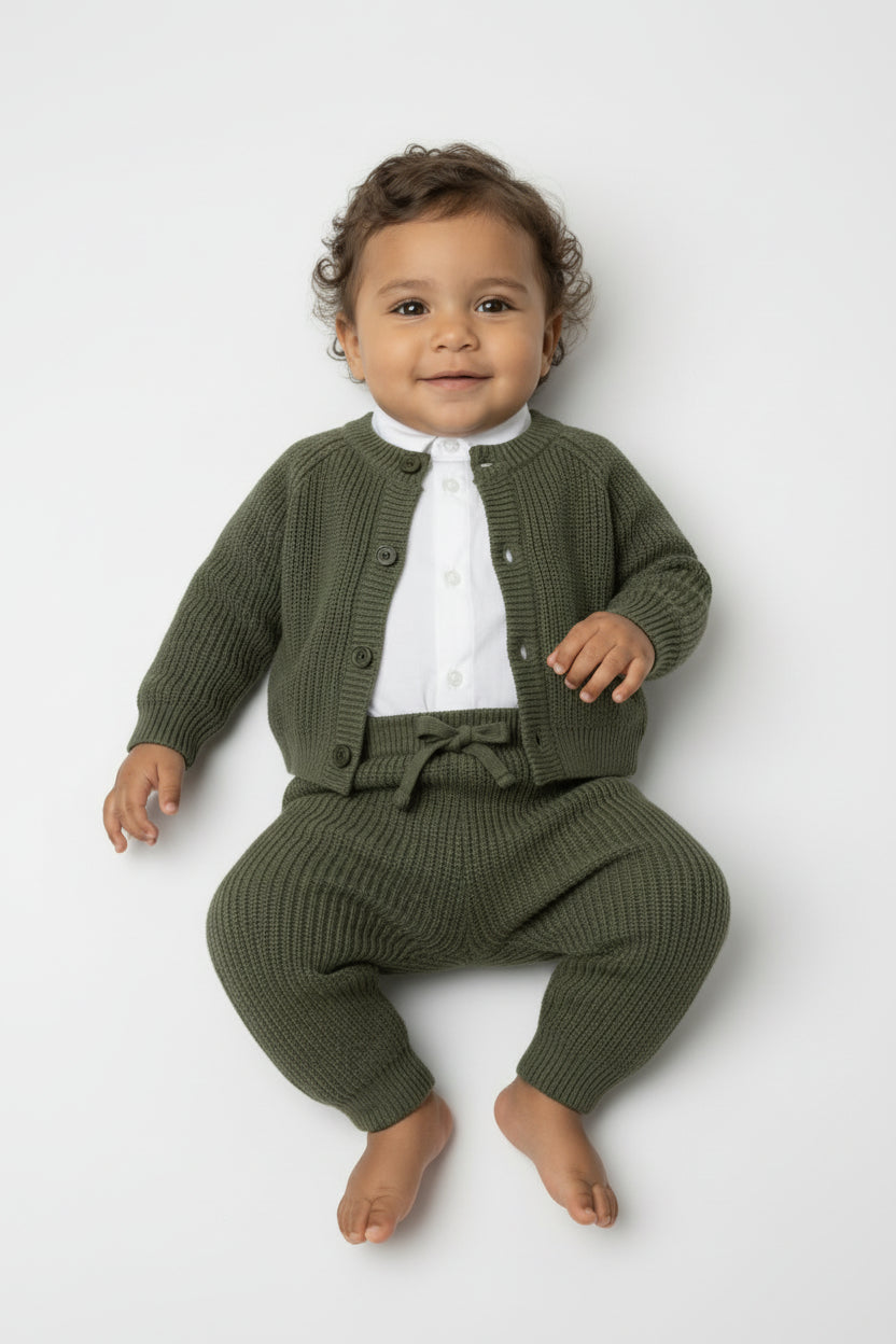 Unisex Baby 2-Piece Ribbed Knit Cardigan & Trousers Lounge Set - Green Model Front Picture