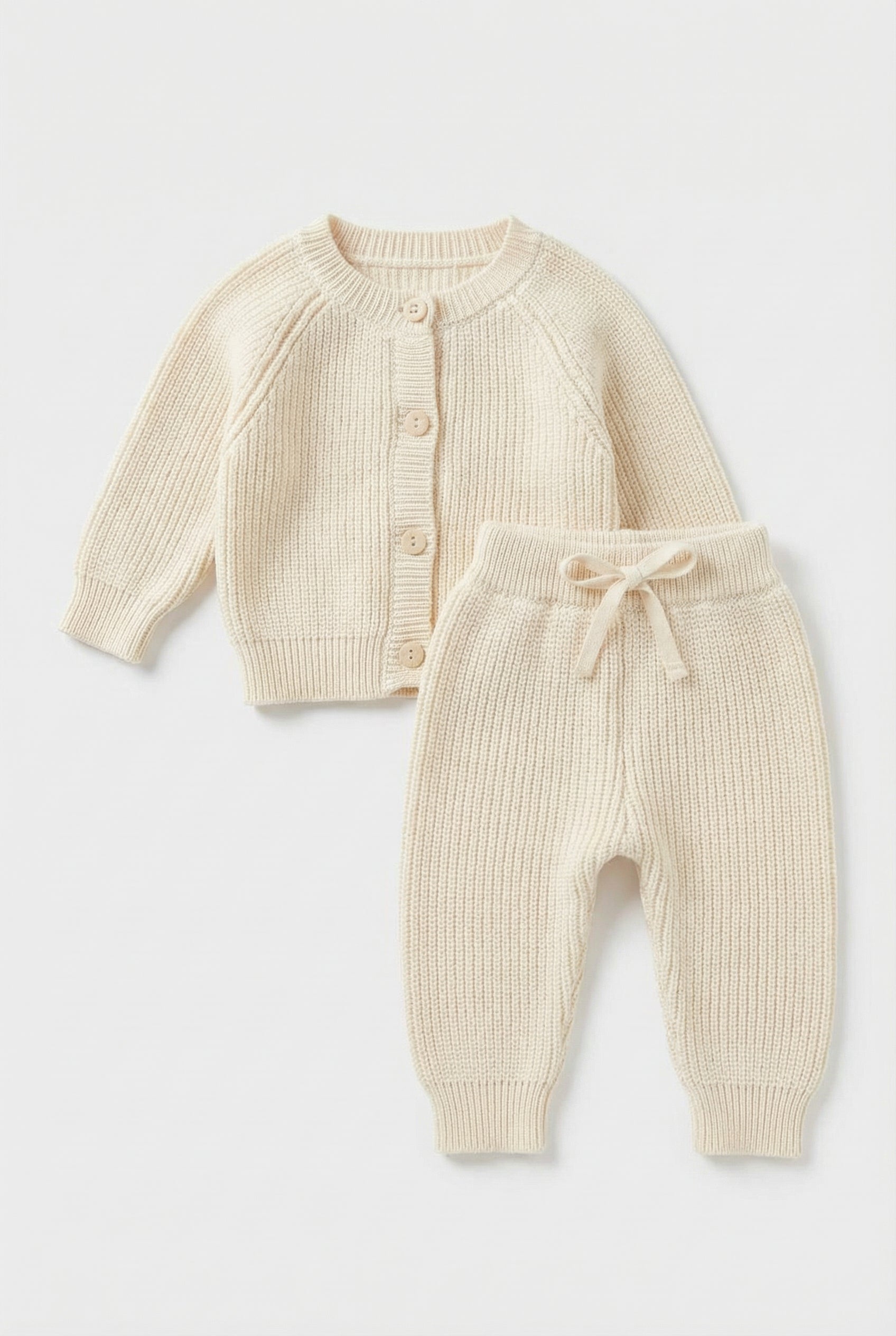 Unisex Baby 2-Piece Ribbed Knit Cardigan & Trousers Lounge Set - Ivory Front Picture