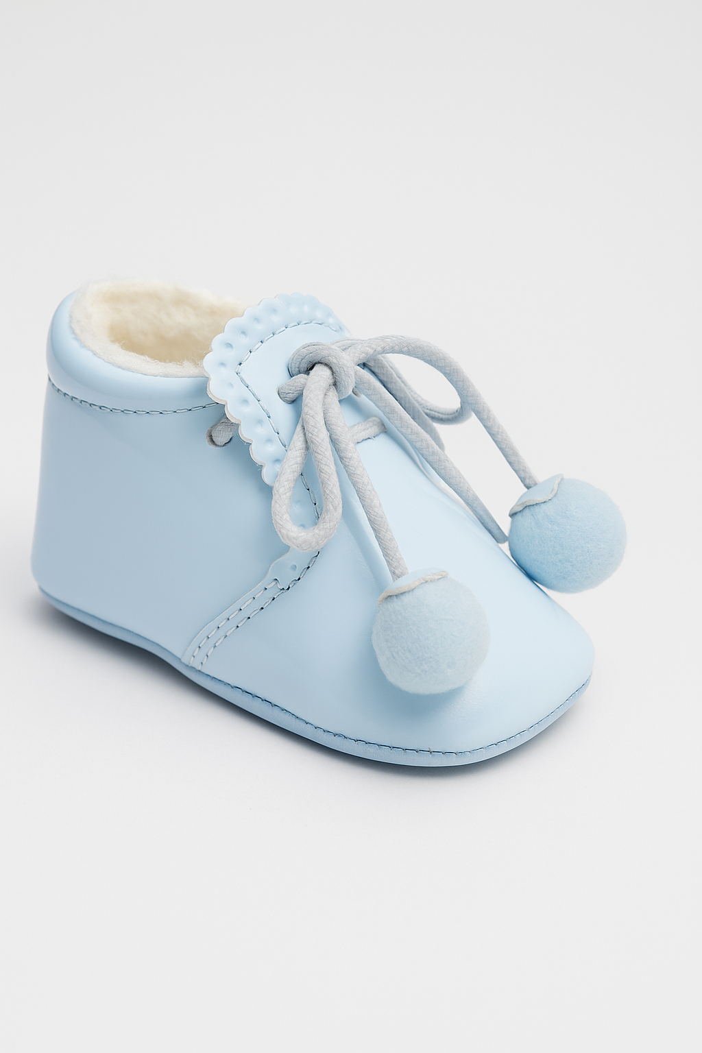 Unisex Baby Patent Pom Pom Booties Pram Shoes - Joe - Baby Blue Side Picture