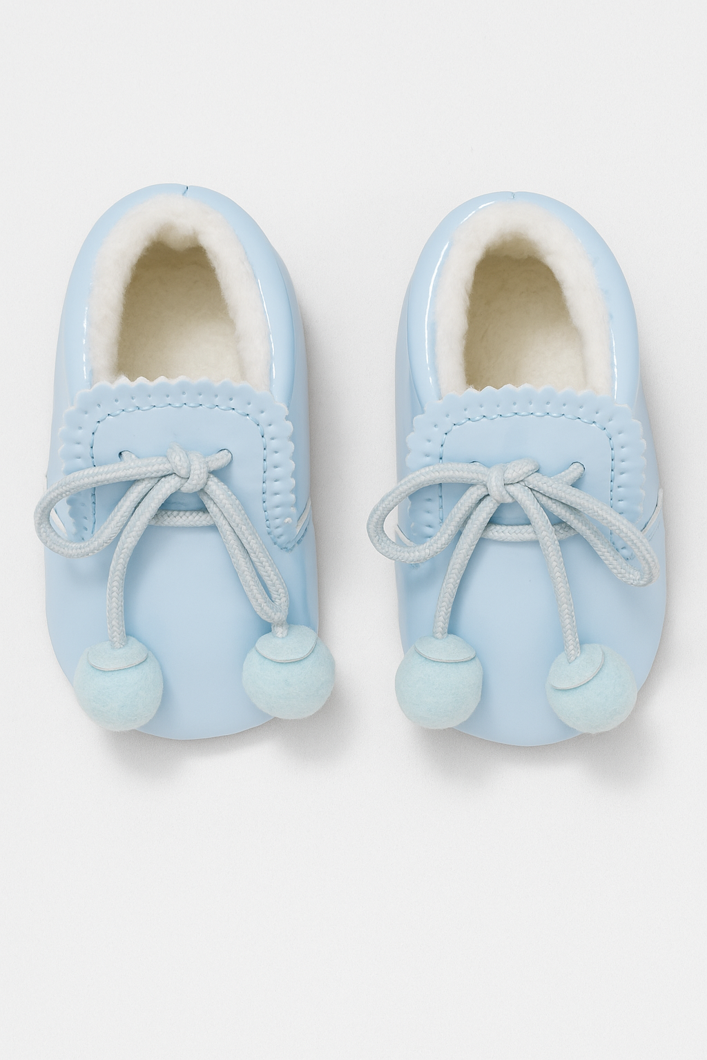 Unisex Baby Patent Pom Pom Booties Pram Shoes - Joe - Baby Blue Front Picture