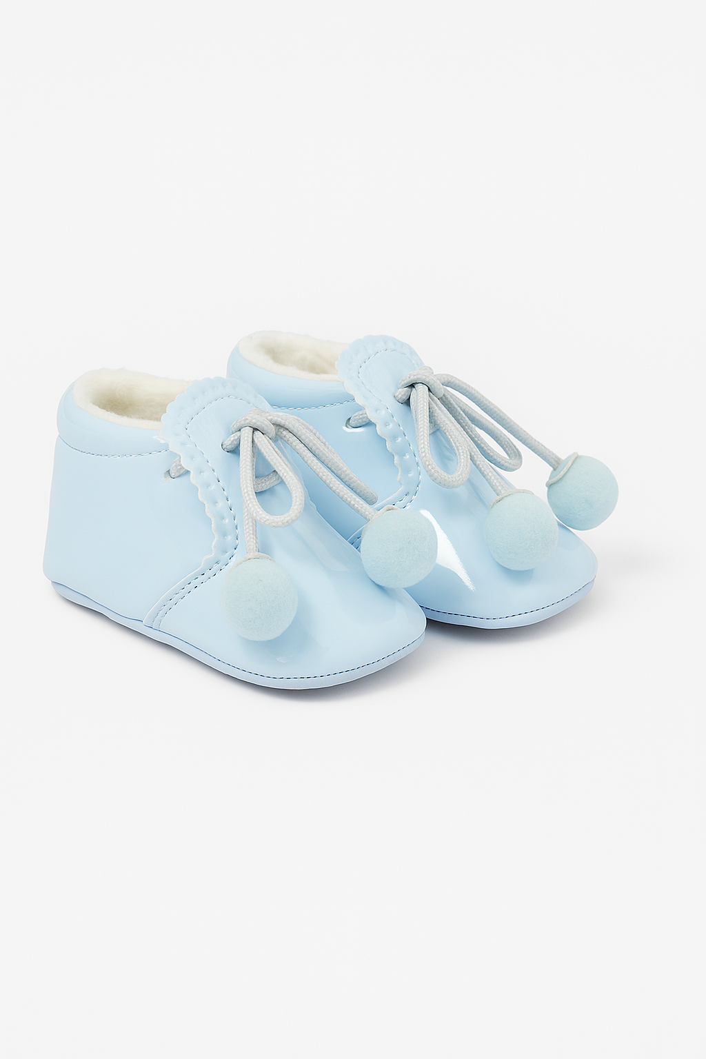 Unisex Baby Patent Pom Pom Booties Pram Shoes - Joe - Baby Blue