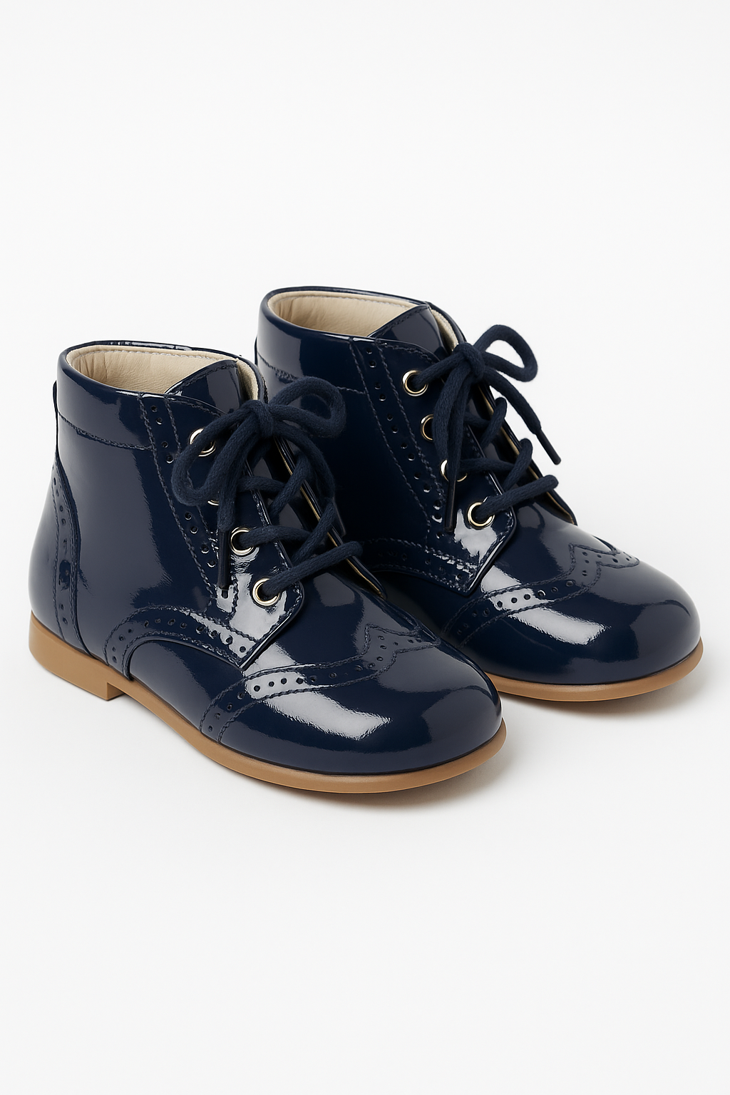 Unisex Kids Patent Leather Brogue Ankle Boots - QUINN - Navy Blue Pair Side Picture