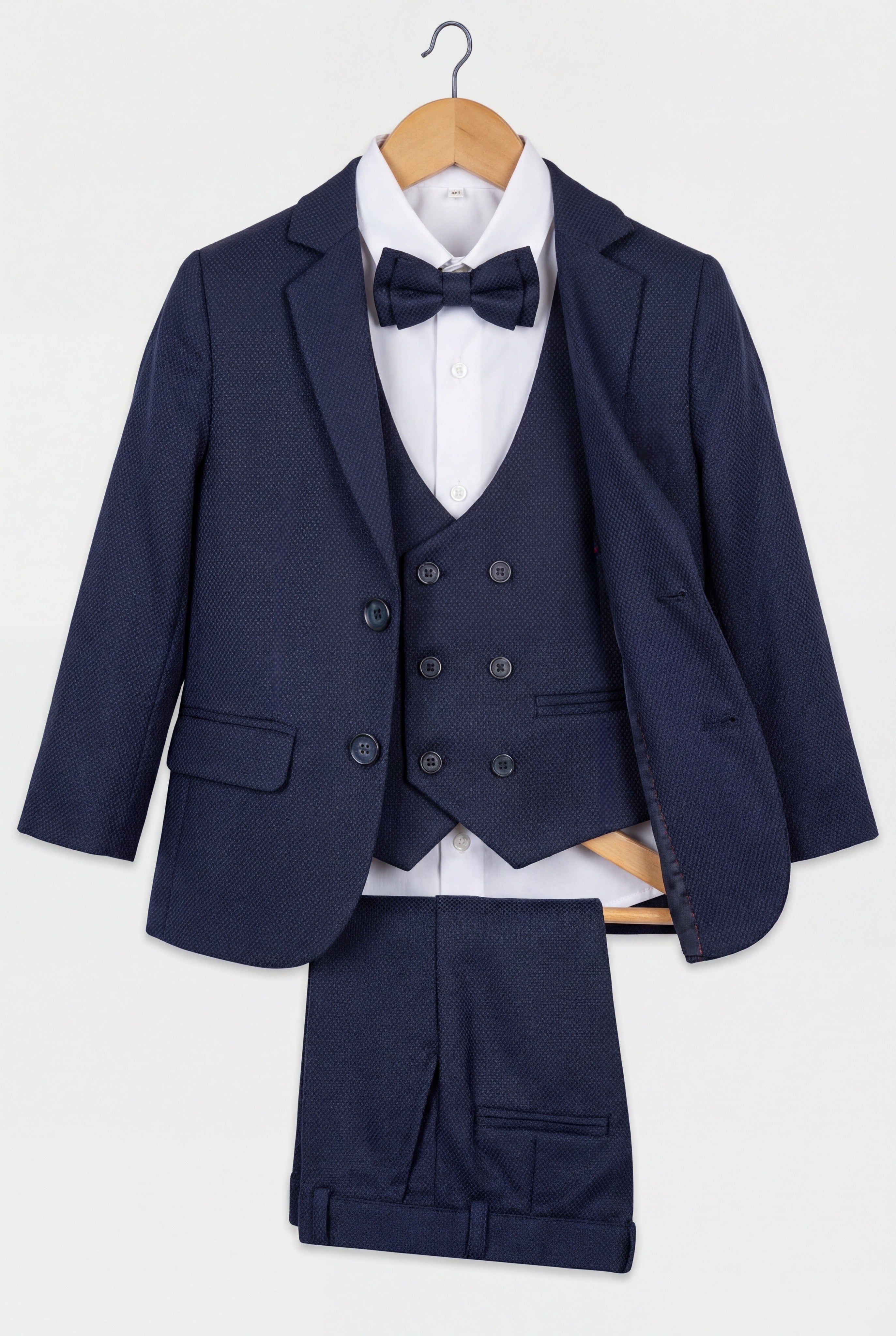 Traje de 5 piezas para niños con tejido texturizado y chaleco cruzado - Azul marino oscuro