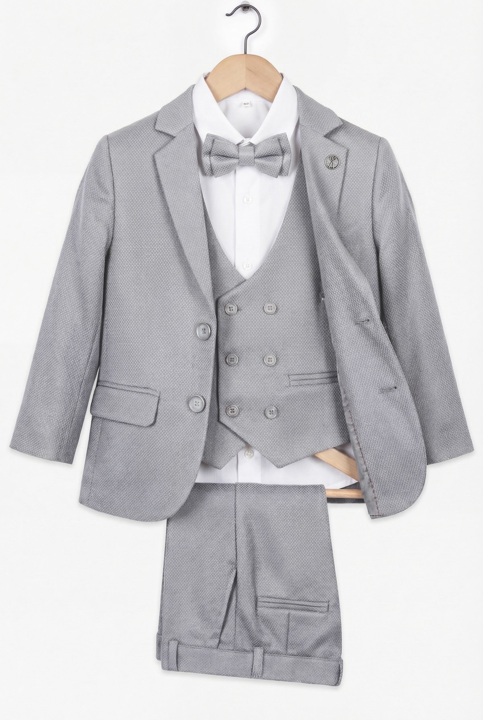 5-teiliger Anzug aus strukturiertem Gewebe für Jungen mit zweireihiger Weste - Hellgrau