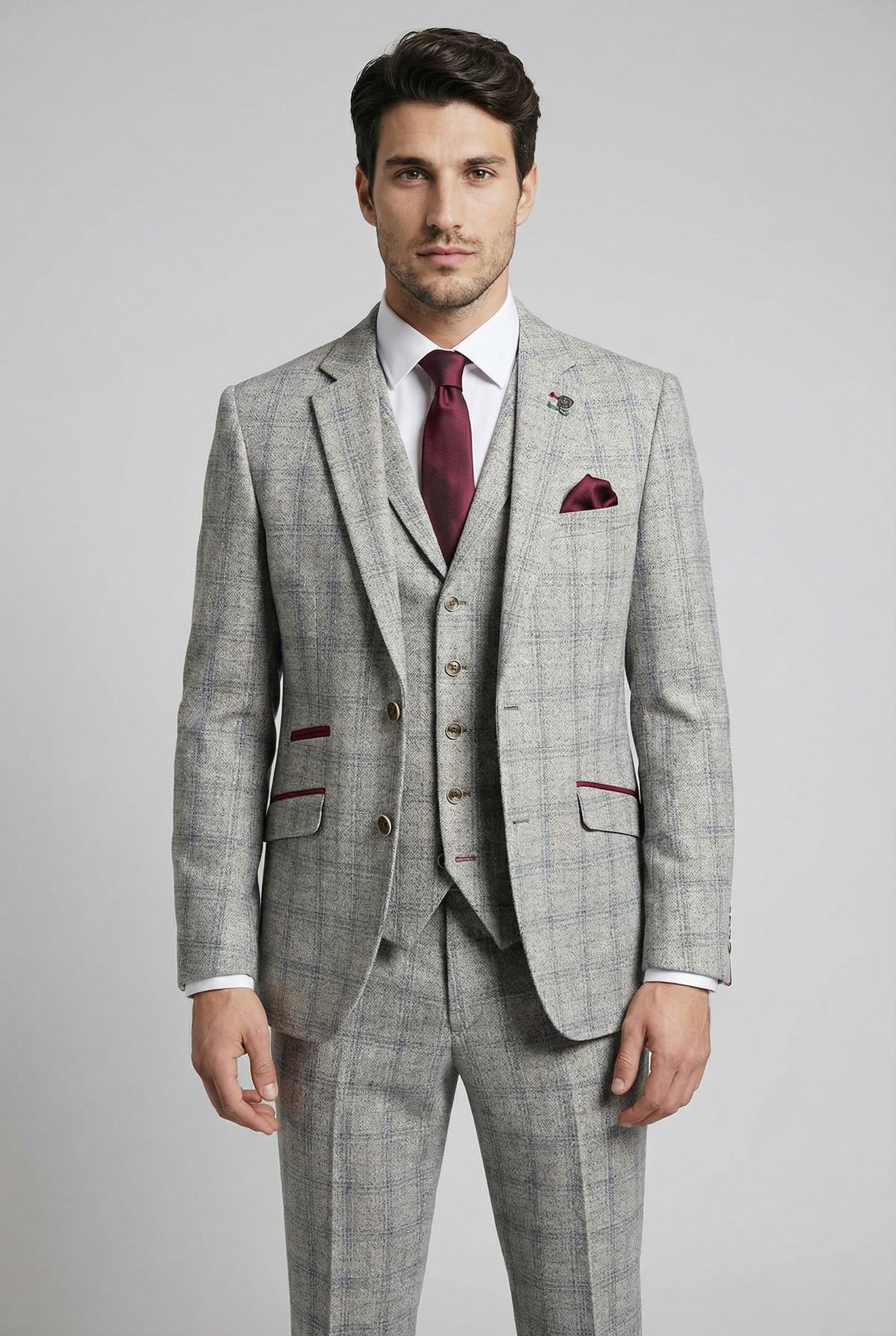 Herren Tweed Karo Slim Fit Grauer Anzug - ANDREW - Grau