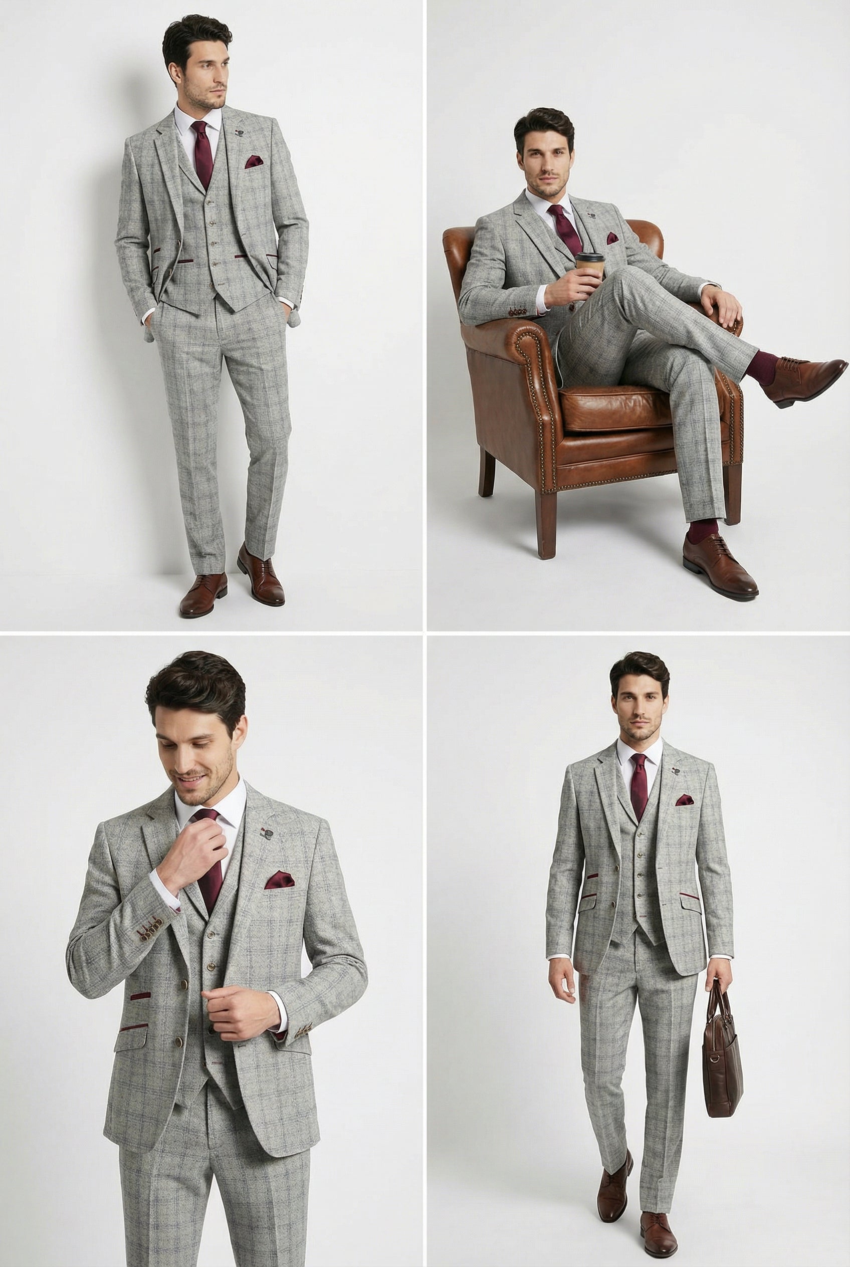 Herren Tweed Karo Slim Fit Grauer Anzug - ANDREW - Grau