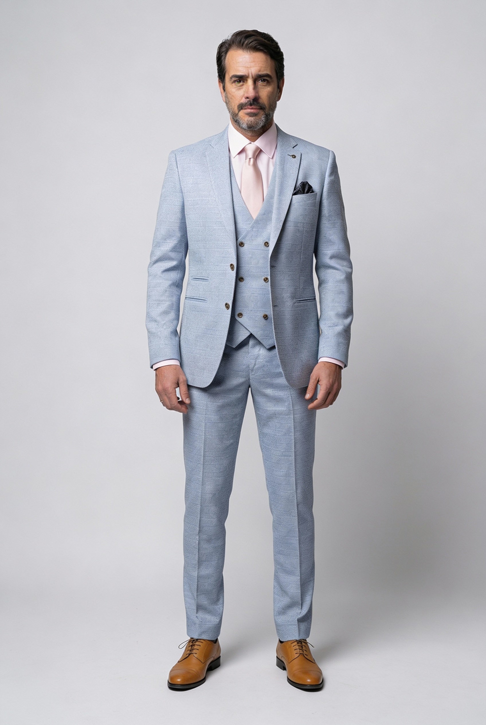 Ensemble costume trois pièces pour homme en tweed imitation Glen Check - Bleu clair