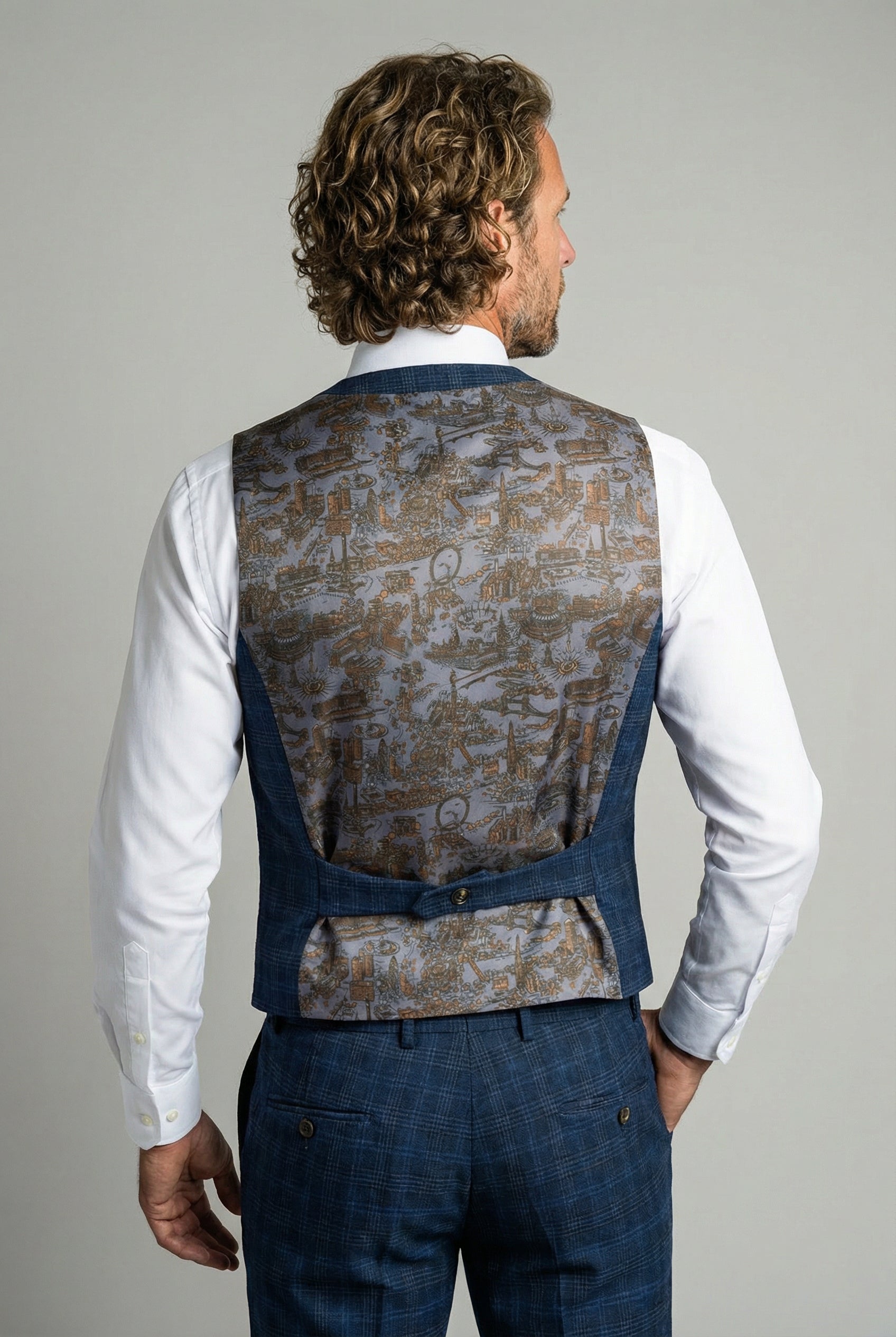 Men’s 3-Piece Windowpane Check Suit - Marcos - Navy Waistcoat Back picture